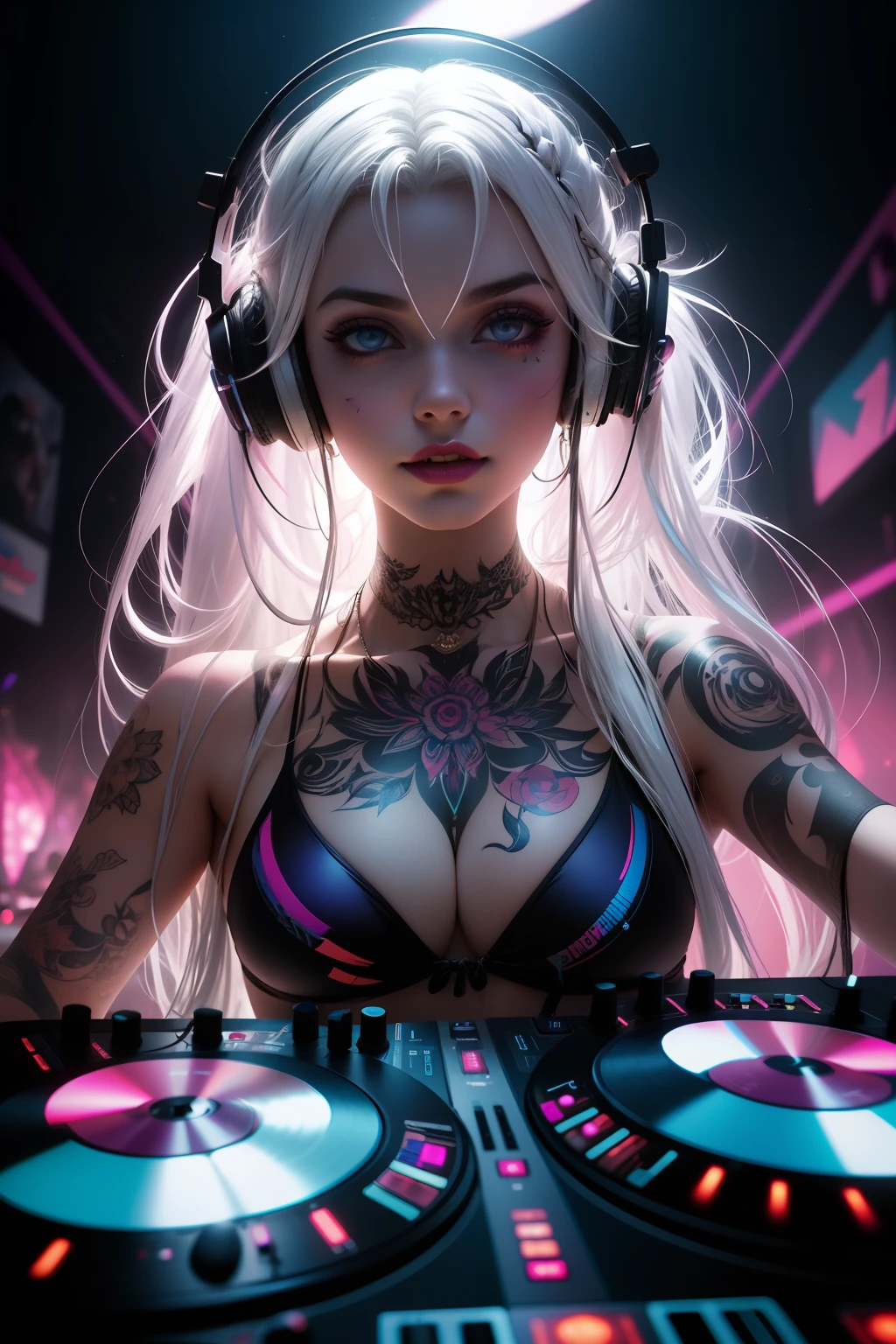 Upper body, Female DJ, Vampires,Wear a bikini,Tattooed with,White hair, Quirky, Vibrant appearance, Playful accessories, Bright colors,Creative behavior, Rambled, Sensual, Spontaneous, DJ headphones, Mixing Console, Music Clubs, night club, Independent cinema, People dancing on dance floor background, Underground danceclub, Highest quality, Skin texture, Intricate details, (Cinematic lighting), RAW photo, 8K,Psychedelic surrealist art,Surrealist psychedelic design,dream art style,Illusion psychedelic art, Colorful dark vectors,