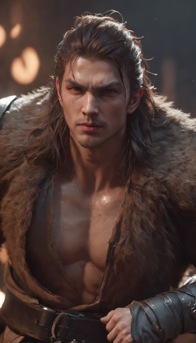 concept-art, smooth, Sharp focus, illustration, Art germ, (loish:0.23), wlop ilya kuvshinov, (professional 3d render:1.3) af (Realistic:1.3) most beautiful artwork photo in the world,Features soft and shiny male heroes, ((Epic hero fantasy rough muscles wet hero rage looks long hair and ferocious expression in dynamic pose, Fantastic location, Majestic cluttered environment)), Uniform rendering of 32K full body, action shot, skin pore, very dark lighting, heavyshading, Detailed, Detailed face, (vibrant, photograph realistic, Realistic, Dramatic, Dark, Sharp focus, 8K), (Old leather garments damaged by weathering:1.4), ((((Wear fur)))), (Intricate:1.4), decadent, (Highly detailed:1.4), Digital painting, rendering by octane, art stations, concept-art, smooth, Sharp focus, illustration, Art germ, (loish:0.23), wlop ilya kuvshinov, and greg rutkowski and alphonse mucha gracias, (Global illumination, Studio light, volumettic light), heavy rain, particles floating, lotr, fantasy, elf, A half body, ((space backdrop:1.3)),CGSesociety,art stations