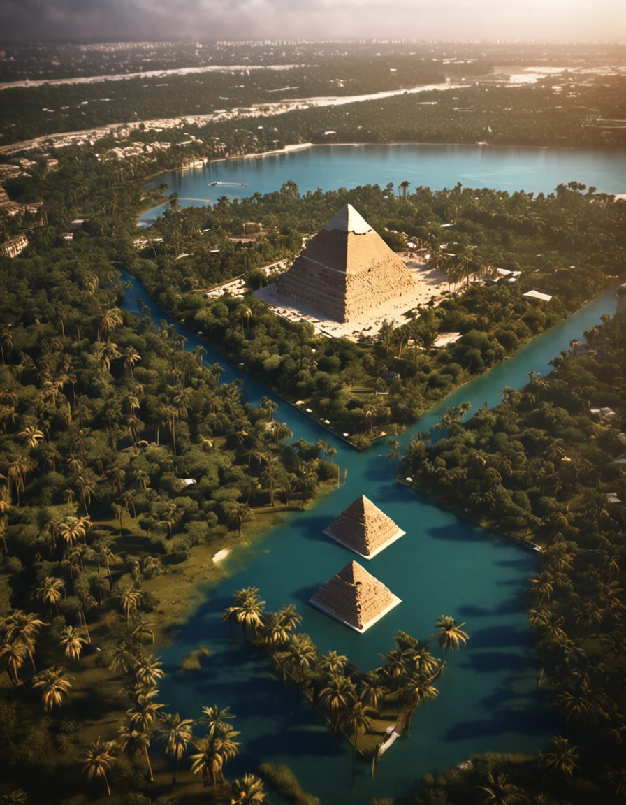 (tilt-shift), Egypt pyramids, forest, river
