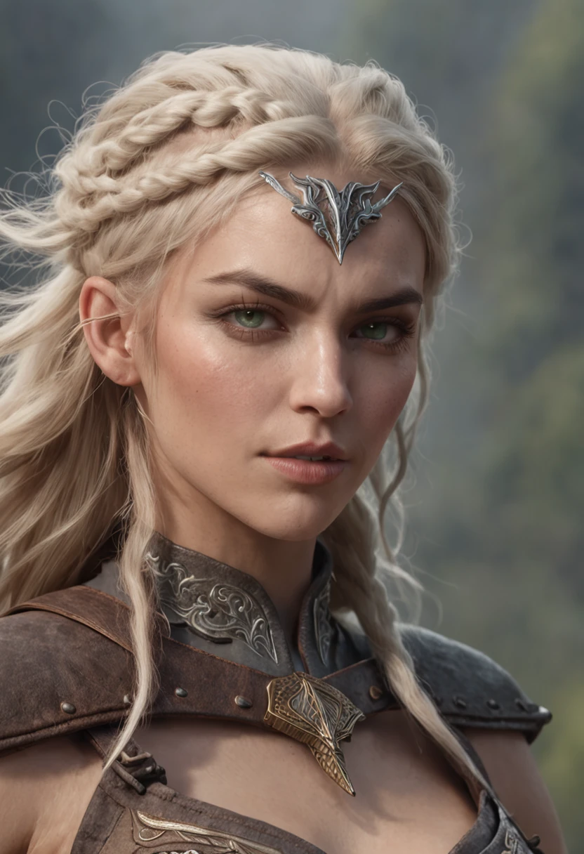 (masterpiece, realistic portrait:1.3), (stunning depiction of an elven warrior with a Viking-inspired appearance:1.2), (extremely well-defined, muscular, and feminine physique:1.3), (blonde hair adorned with multiple braids:1.3), (piercing light green eyes emanating a radiant energy:1.2), (thick, meticulously shaped eyebrows:1.2), (symmetrical, beautiful, and flawlessly perfect face:1.1), (clad in a warrior's attire, hugging her body:1.1), (in the background, an active volcano stands tall, commanding attention:1.1), (the gray sky setting a somber tone:1.1), (her expression conveying utmost seriousness:1.1), (full-body illustration capturing the elf's commanding presence:1.1), (a fusion of formidable strength and ethereal allure:1.1), (an artwork that encapsulates the intensity of a legendary warrior:1.1), (meticulous attention to detail enhances the authenticity of the scene:1.1)), Cinematic, Hyper-detailed, insane details, Beautifully color graded, Unreal Engine, DOF, Super-Resolution, Megapixel, Cinematic Lightning, Anti-Aliasing, FKAA, TXAA, RTX, SSAO, Post Processing, Post Production, Tone Mapping, CGI, VFX, SFX, Insanely detailed and intricate, Hyper maximalist, Hyper realistic, Volumetric, Photorealistic, ultra photoreal, ultra-detailed, intricate details, Super detailed, Full color, Volumetric lightning, HDR, Realistic, Unreal Engine, 16K, Sharp focus, Octane render