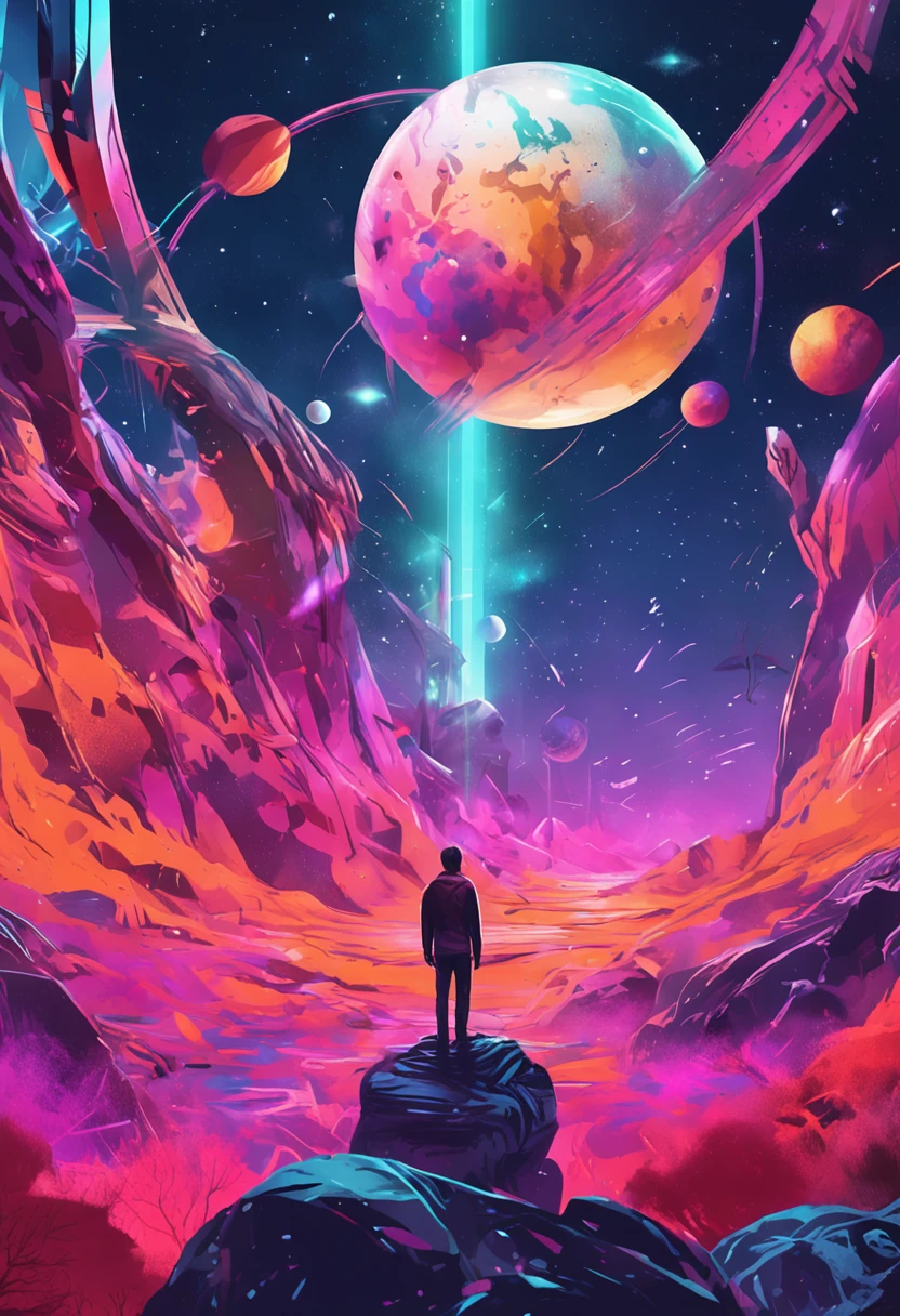 Colorful futuristic space illustration,There is a planet in the middle, A beautiful artwork illustration, Science-fi digital art illustration, , Watercolor tiles