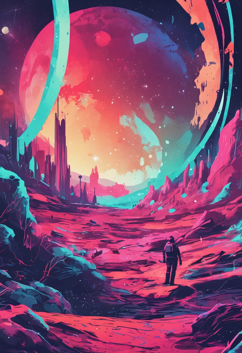 Colorful futuristic space illustration,There is a planet in the middle, A beautiful artwork illustration, Science-fi digital art illustration, , Watercolor tiles