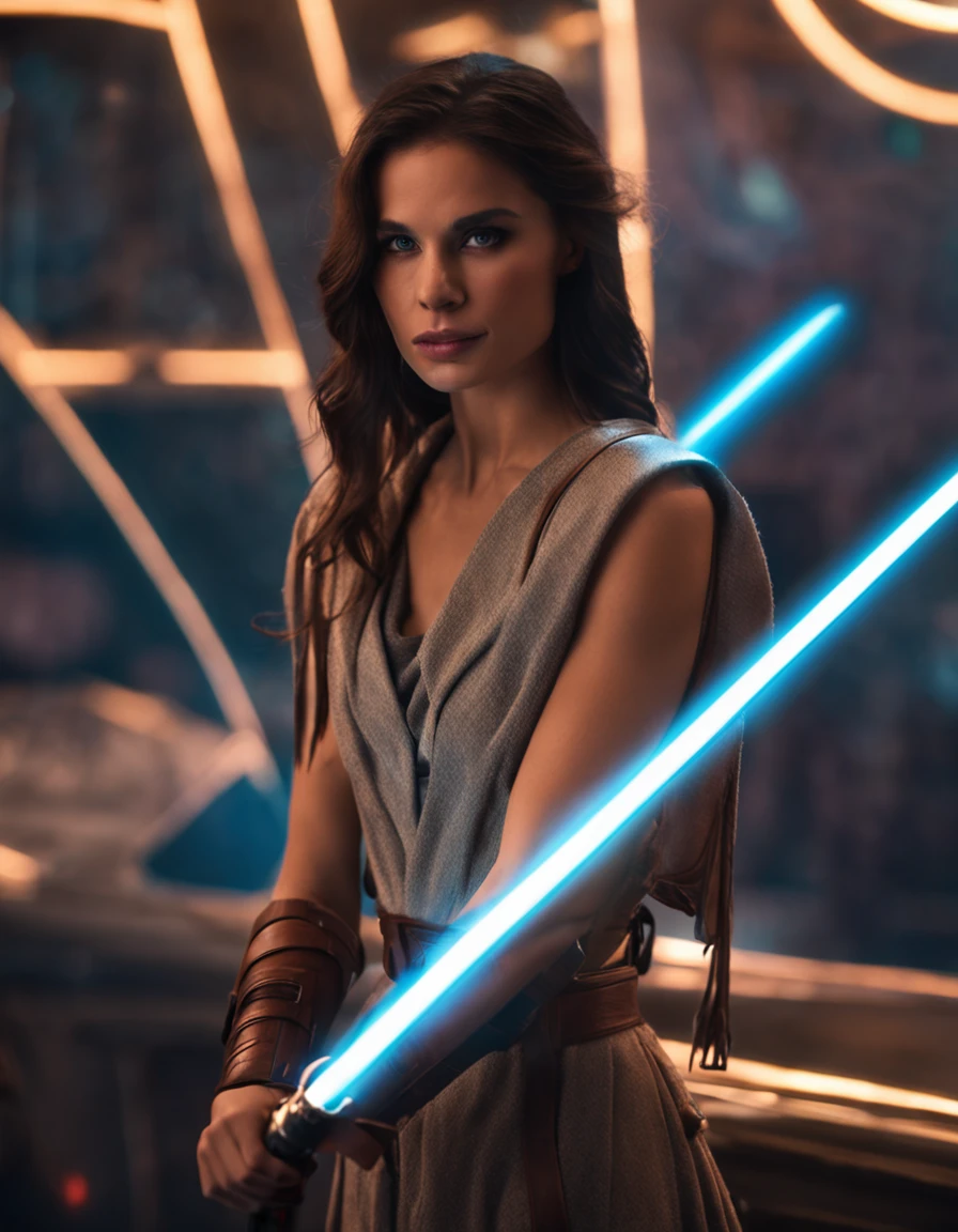 A photo, portrait of a beautiful girl, as a jedi, holding a lightsaber