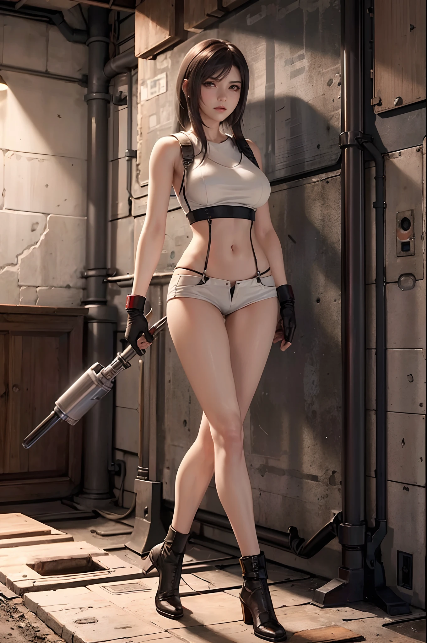 (​masterpiece), (top-quality), 8K分辨率, ultra-detailliert, ultra-detailliert, realisitic, a picture, photorealisim, (1girl in), fullnude、mideum breasts、Hairless、Tifa, Final Fantasy VII, Tifa Lockhart, concrete wall,metal pipes,The description of Red Eye App,Detailed double eyelids,Short hair dark brown color,Slender figure,Model body type,Bust D Cup,skinny thigh、Skinny Legs、F