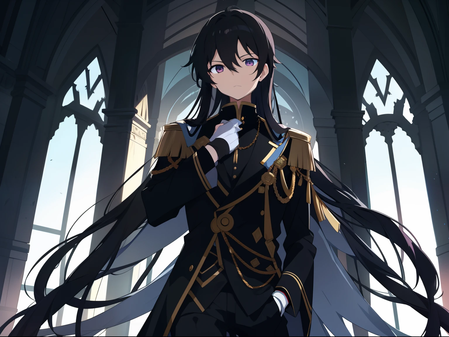 the emperor，Black color hair，Dress modestly，rising tall，The expression is cold and distant，Wandering eyes，Godless eyes。The scene can be inside the palace，High status。