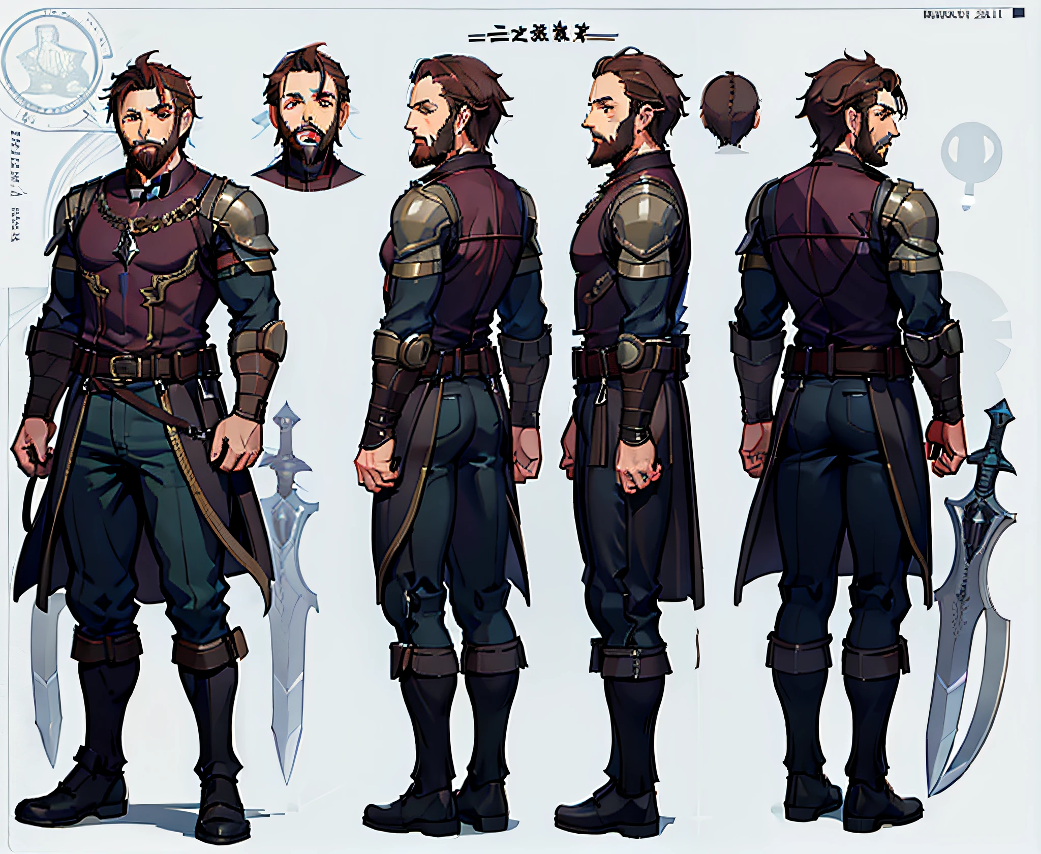 1 male, iron armor suit, (Fantasy Character Sheet, forehead, back, side, rear), dwarf, burly, weathered face, bushy beard. deep brown eyes, wise and resilient expression. Muscular build, Compact height. medieval clothes, with sword (masterpiece: 1.2), (best quality: 1.3).