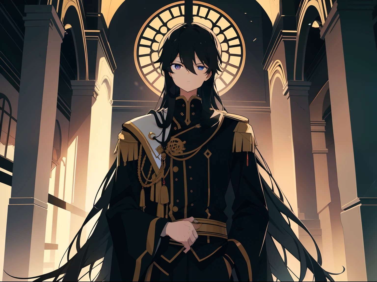 the emperor,Black color hair,Dress modestly,rising tall,The expression is cold and distant,Wandering eyes,Godless eyes。The scene can be inside the palace,High status。