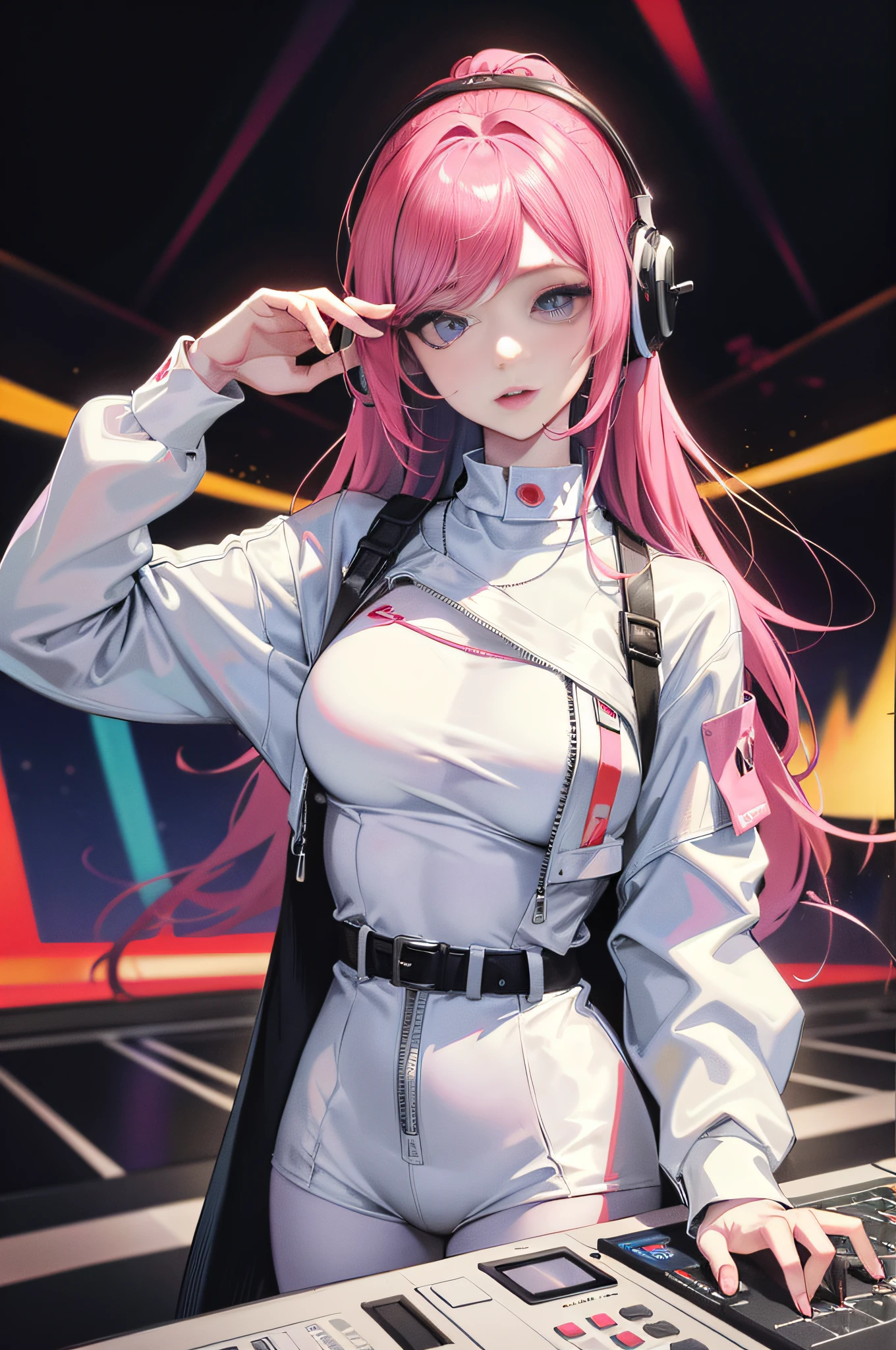 (The upper part of the body, Female DJ,Look at the crowd,)tmasterpiece,Need,super-fine,Semi-realistic,Woman in white top and headphones playing DJ suit, dj set, dj sura, sport outfit, headphones dj rave, jia, shaxi, with headphone, dj at a party, jaeyeon nam, dj rave party, kda, trending at cgstation,