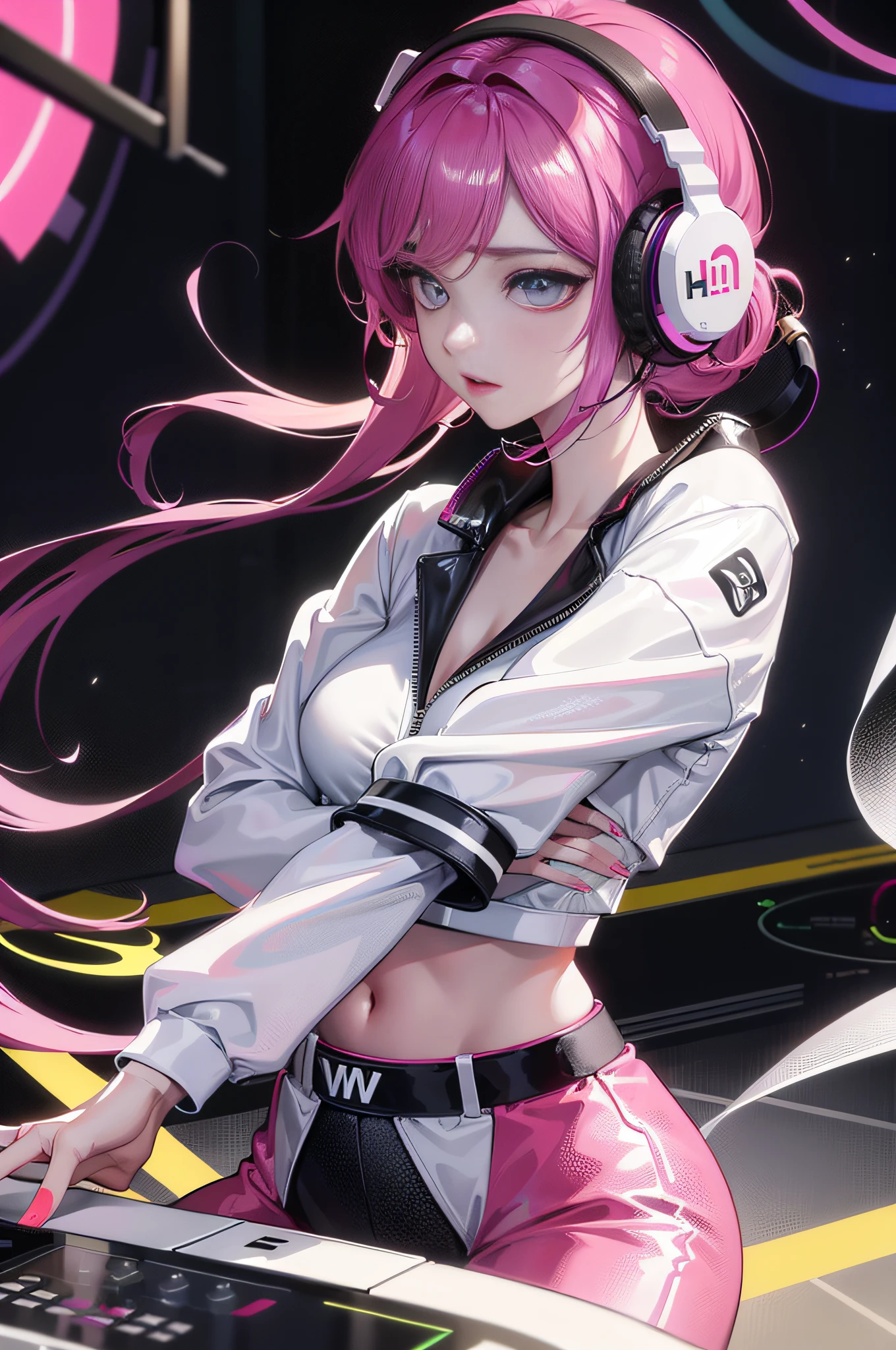 (The upper part of the body, Female DJ,Look at the crowd,)tmasterpiece,Need,super-fine,Semi-realistic,Woman in white top and headphones playing DJ suit, dj set, dj sura, sport outfit, headphones dj rave, jia, shaxi, with headphone, dj at a party, jaeyeon nam, dj rave party, kda, trending at cgstation,
