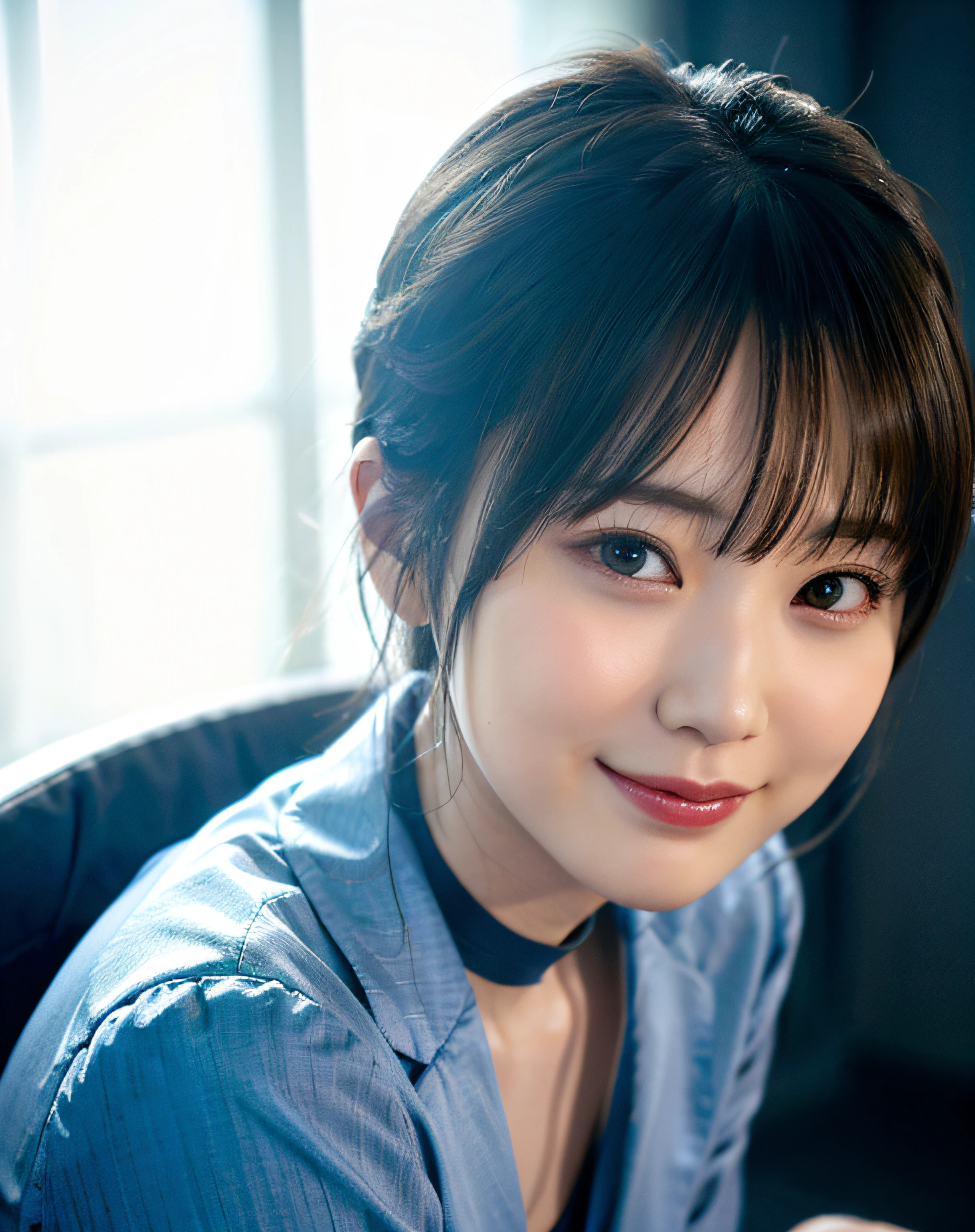 Woman posing in conference room wearing blue pantsuit、top-quality、Female 1 Person、tag、with light glowing、Blur background、bokeh dof、a gorgeous(short-hair、forehead:1.2)、耳Nipple Ring、(dynamicposes:1.2)、 (full bodyesbian:0.8)、Soft lighting、the wind、glowy skin、a smile、