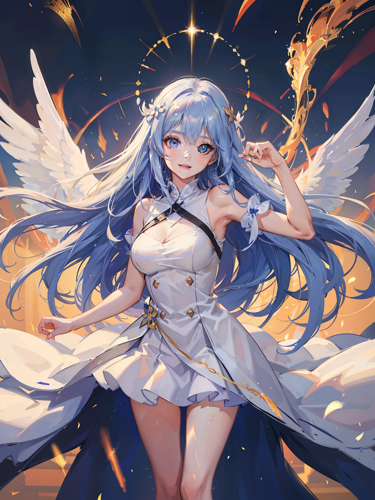 As a masterpiece of angels; Background: The angel's weapon in hand; Costume of an angel; Cute look; Ultra photo realsisim; 8k HDR quality; An angel's smile on his face; the angel's wings