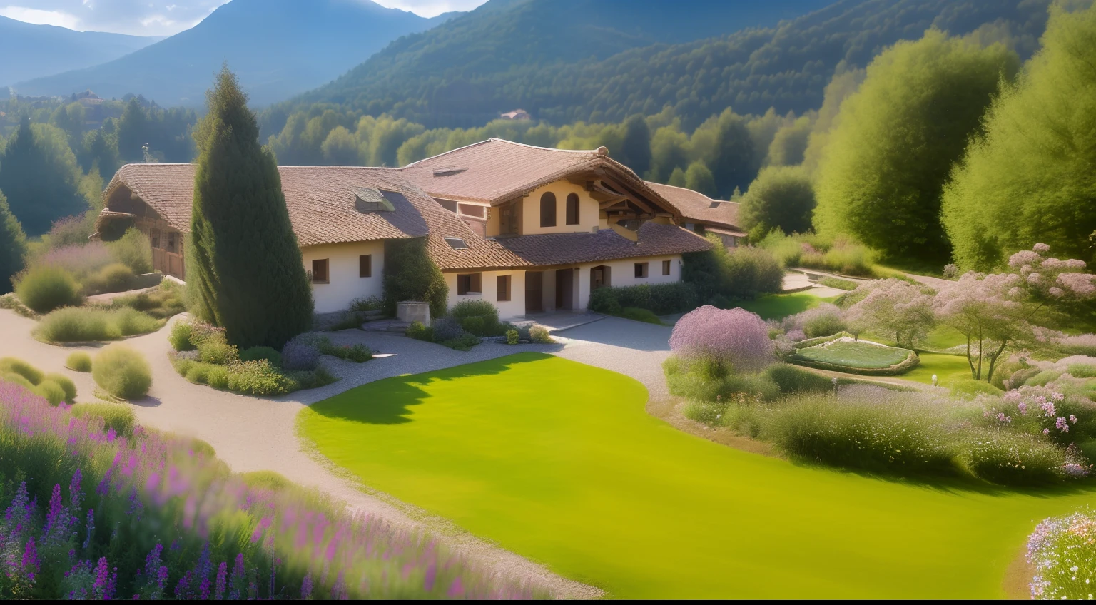 ((Ultra-clear detailed,tmasterpiece,4k)),(((courtyard,Mountain villa,european town,trpical garden))),(Quiet woods,Meadows and wildflowers),(light wind,rays of sunshine,in the early morning),Fresh warm tones,(wide angles,bird's eyes view)