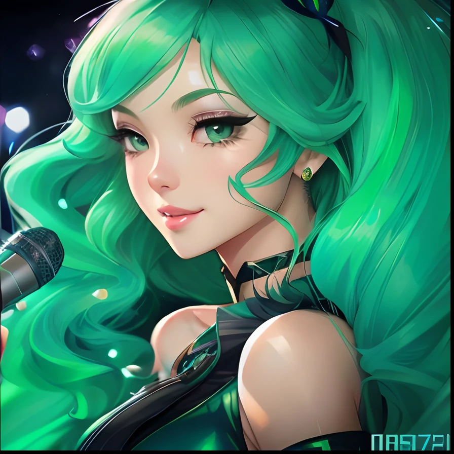 Close up portrait of green-haired woman holding microphone, rossdraws 2. 5, Very detailed ArtGerm, drawn in the style of artgerm, in style of artgerm, rossdraws 1. 0, ArtGerm on ArtStation Pixiv, rossdraws and jazza, rossdraws cartoon vibrant, artgerm style