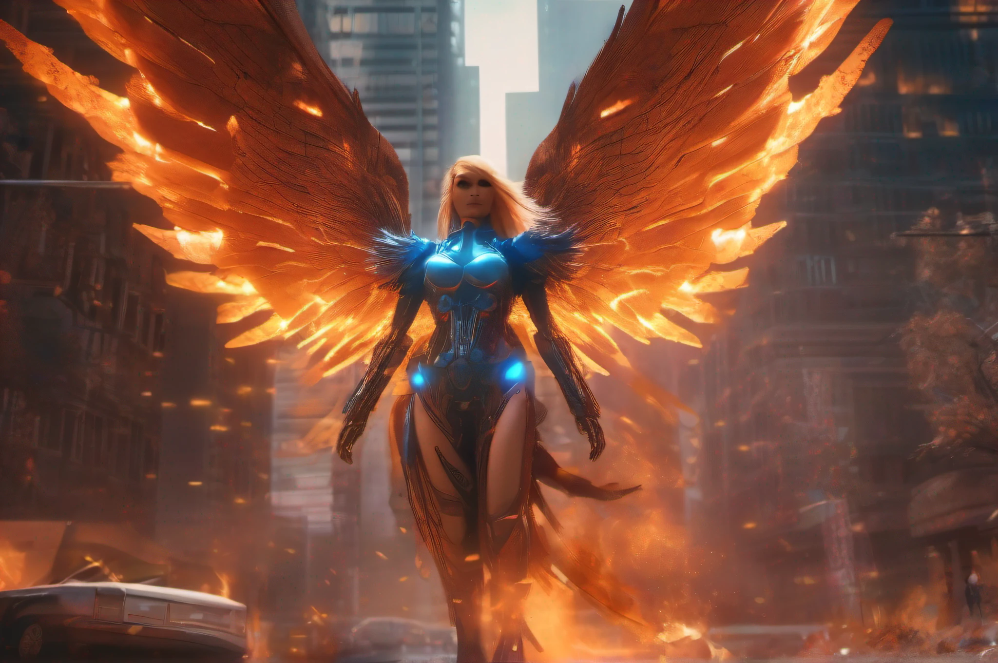 A 4K CGI and digital painting with dramatic orange and blue lighting of an evil fallen angel-cyborg fembot elemental of fire that rises decisively with huge flaming wings in motion over a futuristic neon cityscape with towering buildings amid swirls of smoke, Using dynamic focus and motion blur, Low-angle and top-down compositions, highly detailed CGI textures of burning wings as buildings collapse and terrified people flee through streets engulfed in flames under contrasting lights and shadows.