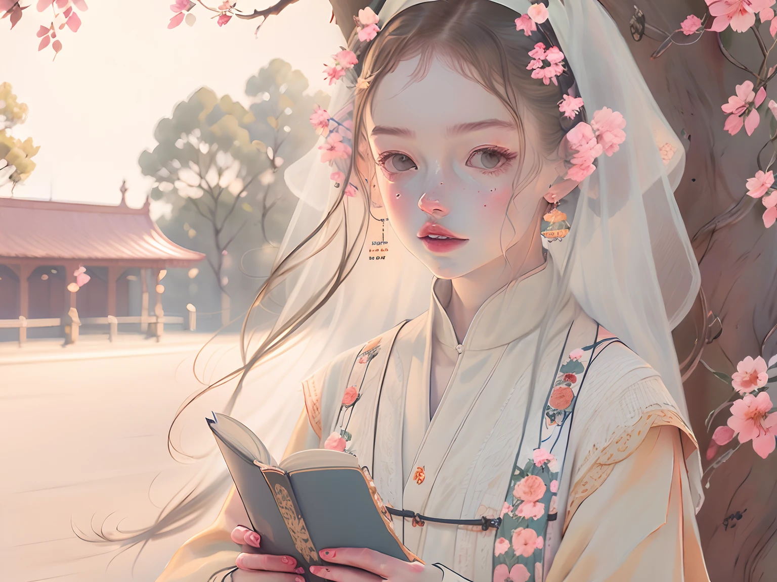 Chinese princess reading，the trees，earnestly，ssmile，Background bokeh，Beutiful women，uma linda princesa，Bust，Bust，Eyes read books，Ancient building blurred background，Bust，Bust，Holding a book in his hand，low head，looking down at book，Full body like，Reading a book，Look at the book，in a panoramic view，Full body like，Full body like，Full body like，the trees，florals，nerds，Hanfu，long  skirt