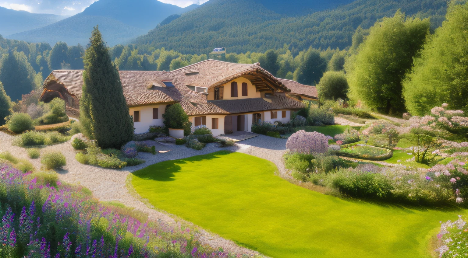((Ultra-clear detailed,tmasterpiece,4k)),(((courtyard,Mountain villa,european town,trpical garden))),(Quiet woods,Meadows and wildflowers),(light wind,rays of sunshine,in the early morning),Fresh warm tones,(wide angles,bird's eyes view)