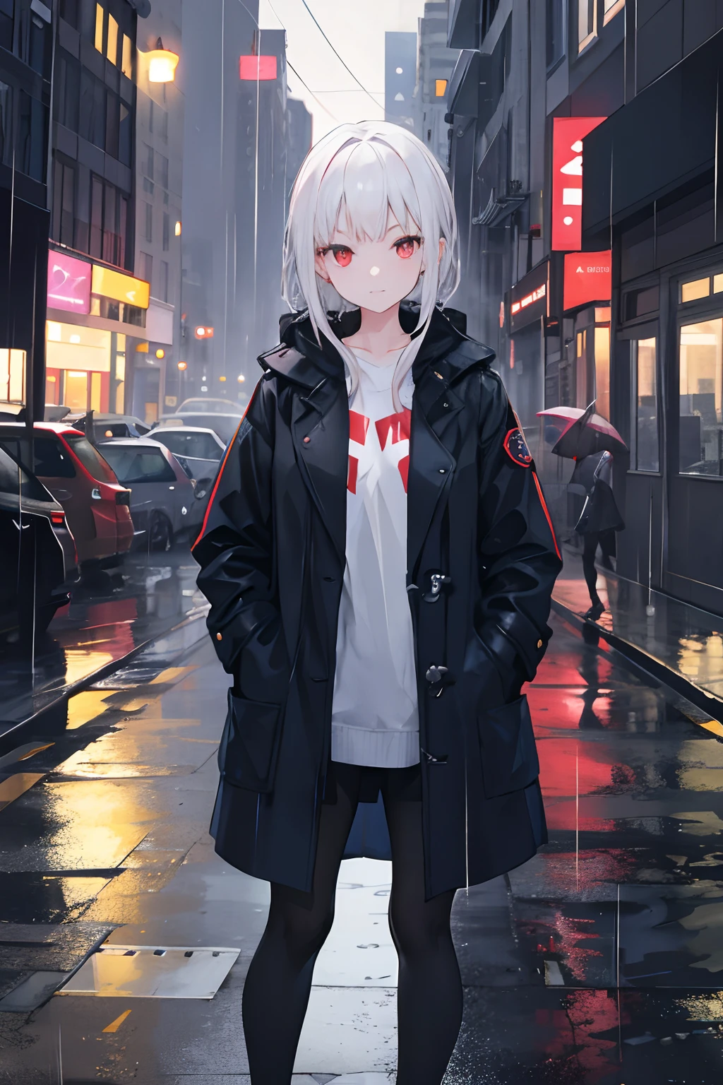 "1 girl standing in a rainy night city, wearing a coat with her hands in pockets."