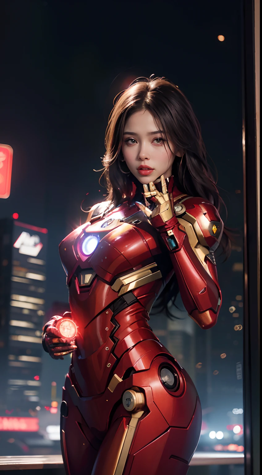 8K,realisticlying,Glamorous,The is very detailed,A 26-year-old girl flew in the air, Several missiles followed,a sexy and charming woman, inspired by Iron Man,Wearing a shiny Iron Man mech。She dresses to show sexiness and confidence,It perfectly interprets the power and charm of Iron Man。In a cyberpunk-style night view of the city,A sexy and charming woman with an actor-playing theme for Iron Man。She wears a shiny Iron Man mech,Reflected on her mech,It adds a sense of futuristic technology。The surrounding buildings and streets are full of cyberpunk elements,Like neon lights、High-tech installation and futuristic architectural design。The whole scene is full of futuristic and sci-fi atmosphere。This one is high definition、High-quality images will give you a stunning visual enjoyment,Will be sexy、Futuristic and sci-fi elements are a perfect combination。oc rendered,dramatic lights,Award-winning quality