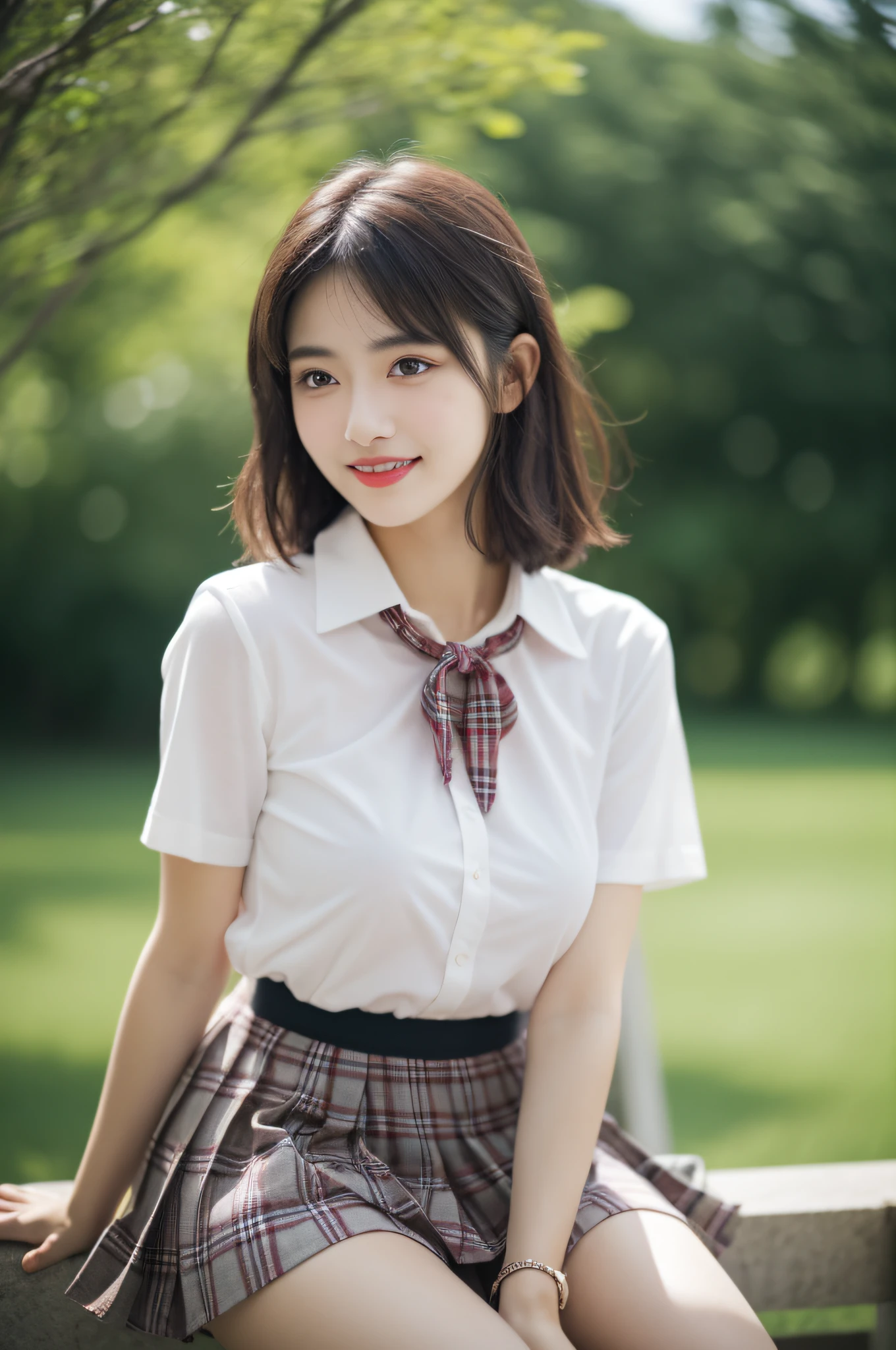 ((masterpiece)), ((best quality)), (ultra-detailed), ((kawaii)), cute, ((lovely)), ((extremely detailed)), ((extremely detailed)), ((extremely detailed)), 4K, (8K), (beautiful), illustration, (body shot), (looking away), (park:1.2), a cute woman, 1woman, soro, japanese, (school student:1.3), collared shirt, (pleated skirt), bow, (beautiful light brown hair:1.3), ((beautiful hair)), short hair, (straight hair), beautiful brown eyes, ((beautiful eyes)), white teeth, laugh, (blush:1.2), shine with colored light, forest lay light,