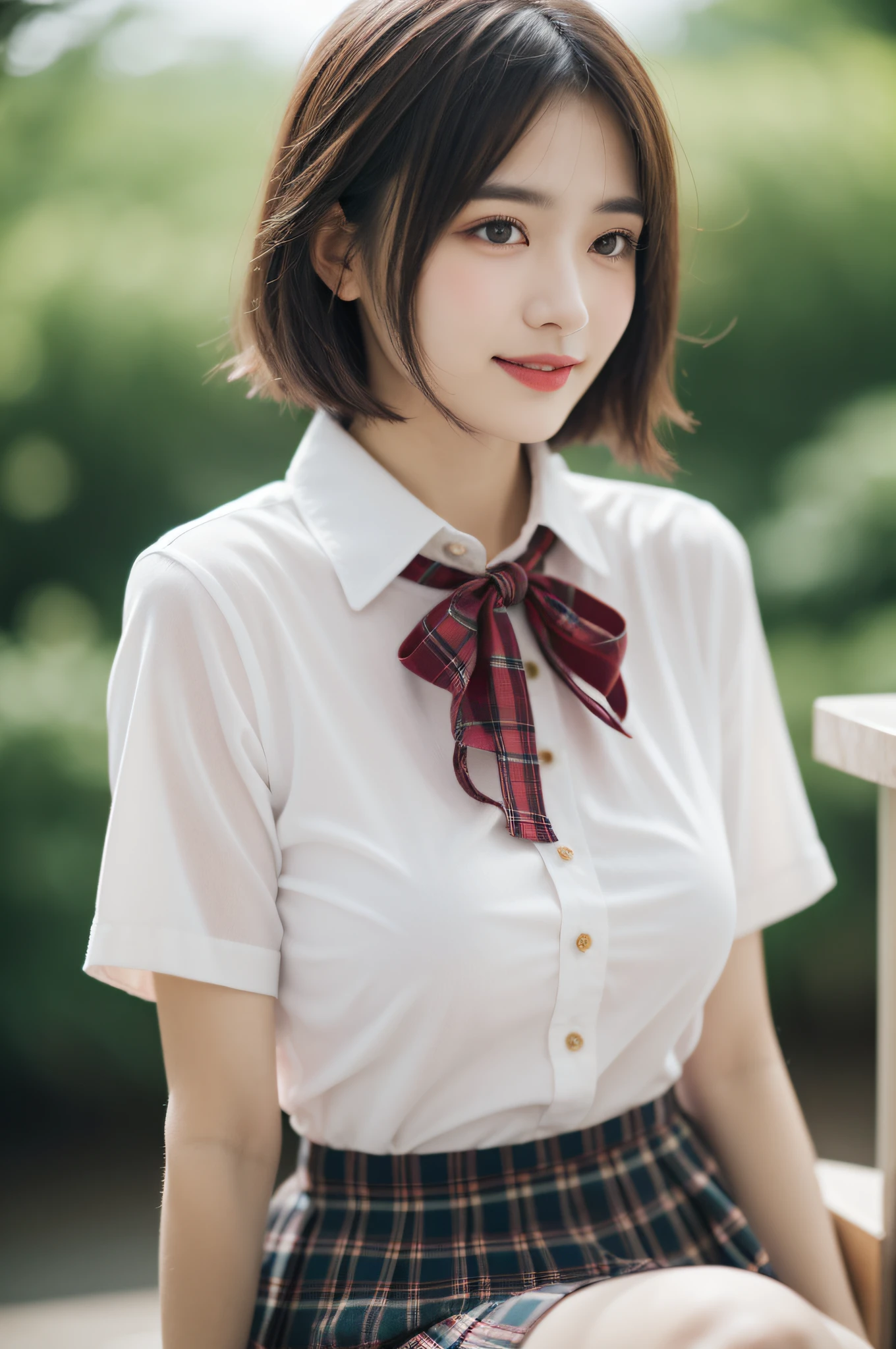 the Extremely Detailed CG Unity 8K Wallpapers、top-quality、ultra-detailliert、masterpiece、studio shoot、softfocus、Soft atmosphere、realisitic、Photo Real、(large full breasts:1.4)、extremely detailed cute girl、独奏、18year old、japanes、Melancholy look, Brown hair、Long bob cut hair、
(School Uniforms:1.2), (in a white shirt,:1.3), (Red bow:1.3), (Plaid pleated skirt:1.3), School classroom on background、out of focus、blur、
