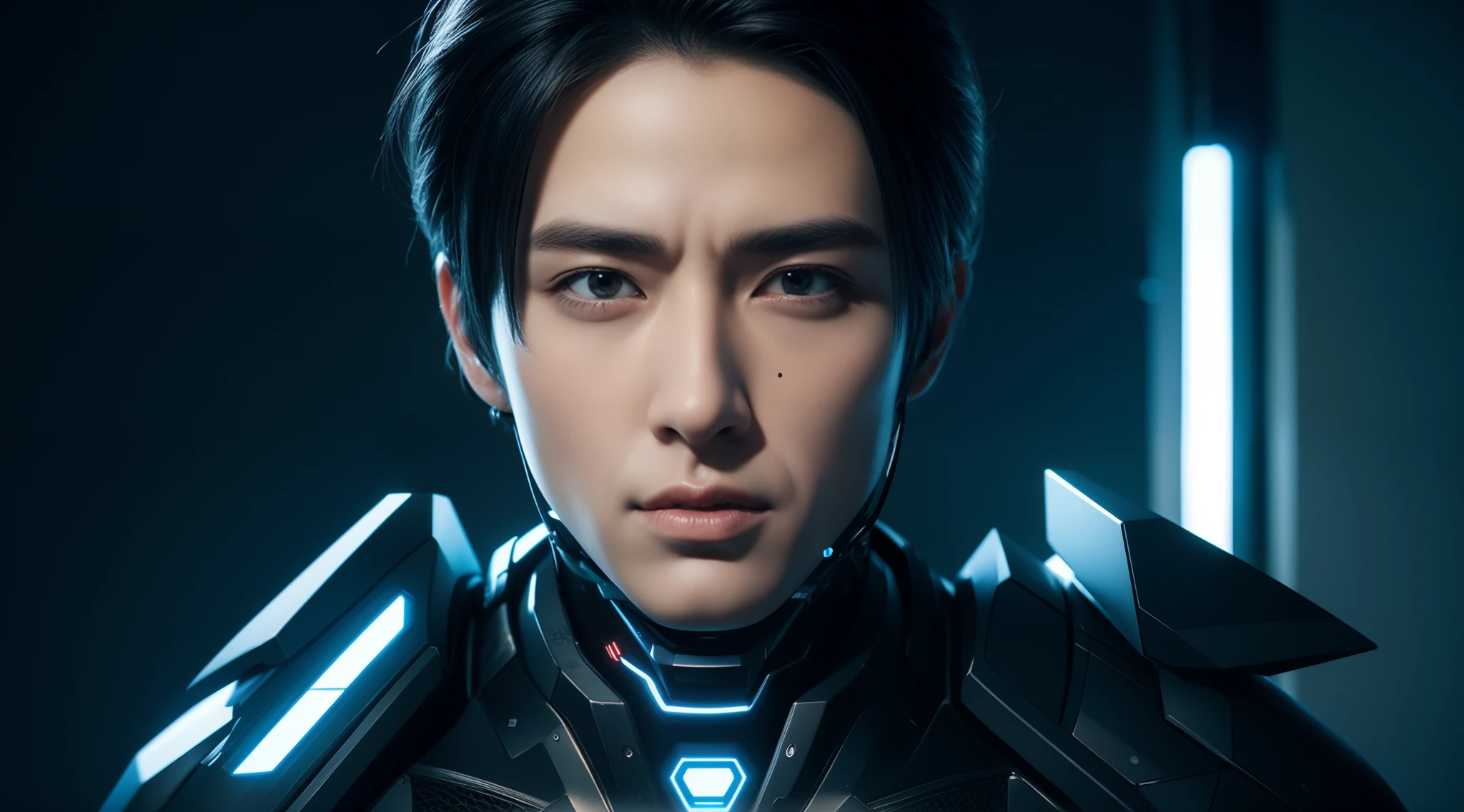 cyberpunked、Handsome boy、Lifelike face、8K、A hyper-realistic、Soio