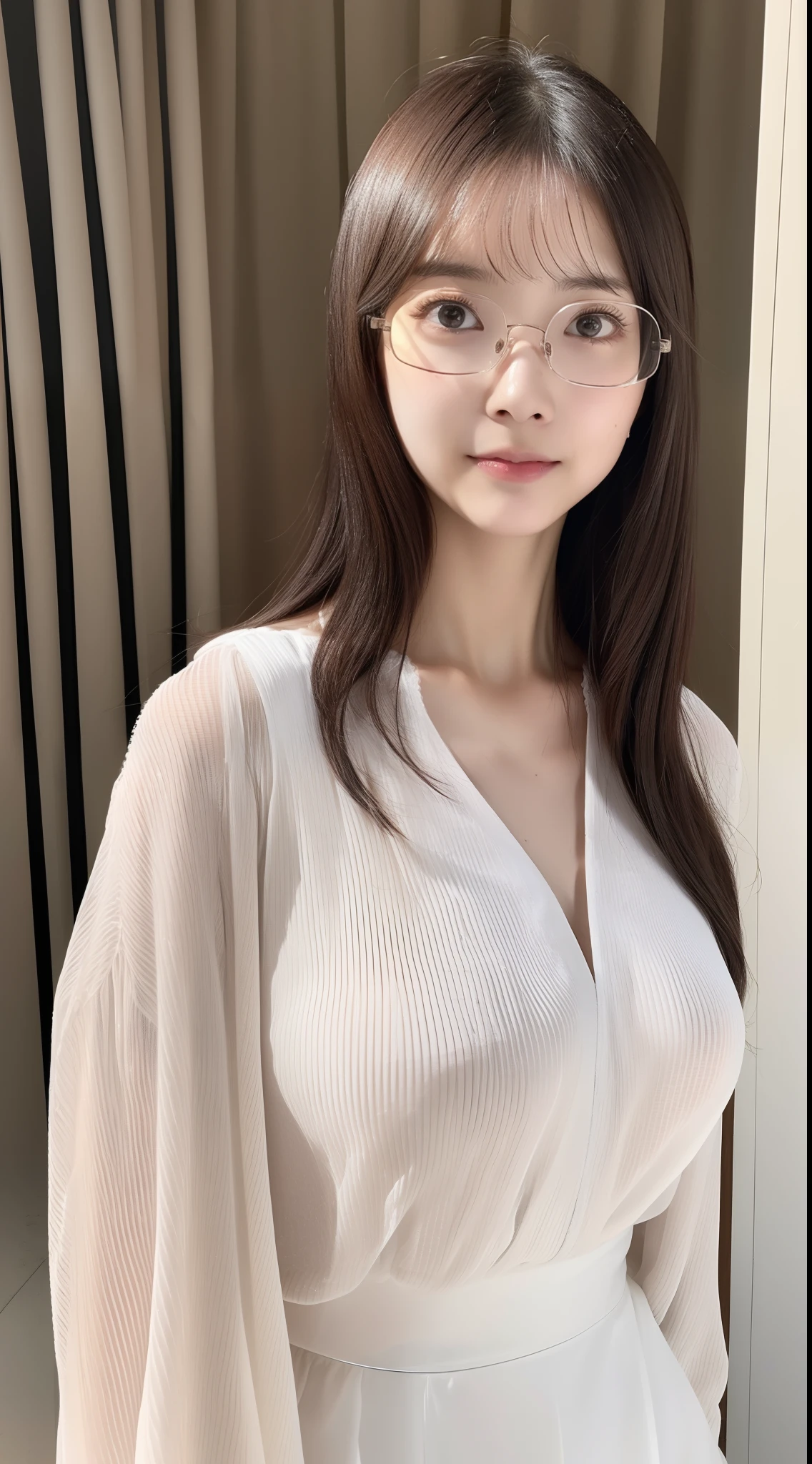 Woman in see-through blouse、Rimless glasses、fullllbody、semi long hair、Ahoge、top-quality、ultra-detailliert、超A high resolution、(Photorealsitic:1.8)、1girl in、17 age、Erotic face、natural soft light、Colossal tits、japanes、