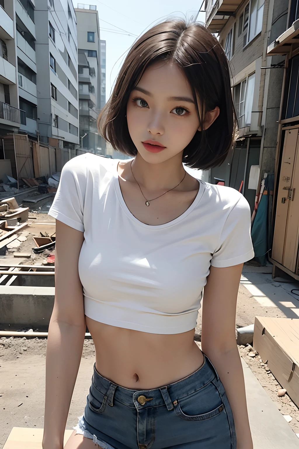 Girl posing for photo in white bra and tight denim shorts,full bodyesbian,legs are open,With a cropped T-shirt、brassier,Slim body,Smaller bust,Slim girl model,24 years old female model,Lying on a construction site,A group of black men watched