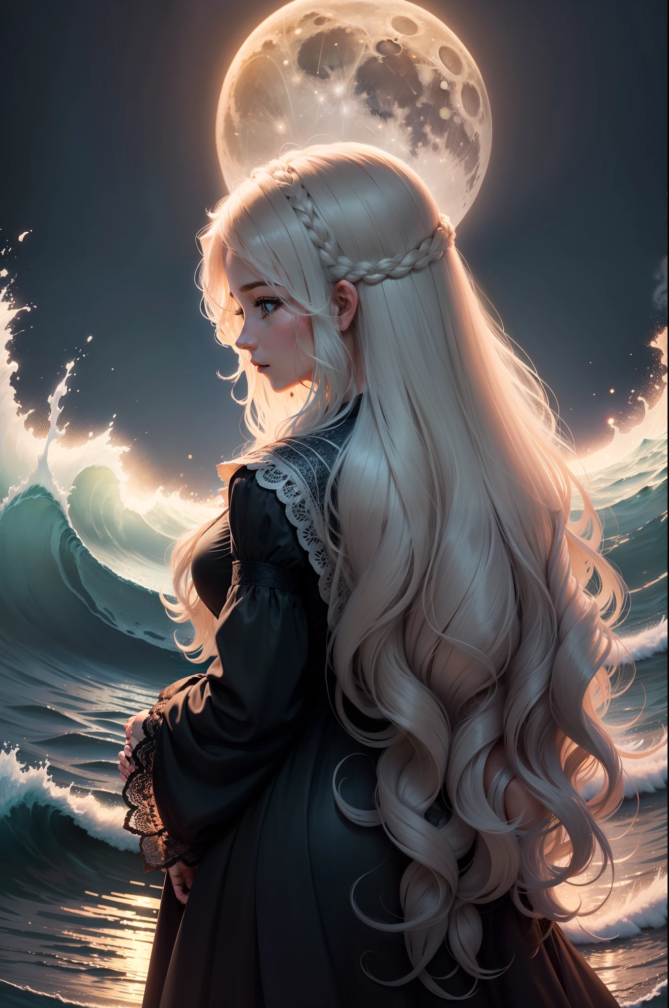 A Proverbs 31 woman, her face illuminated by the light of a full moon, her hair cascading down her back in waves.