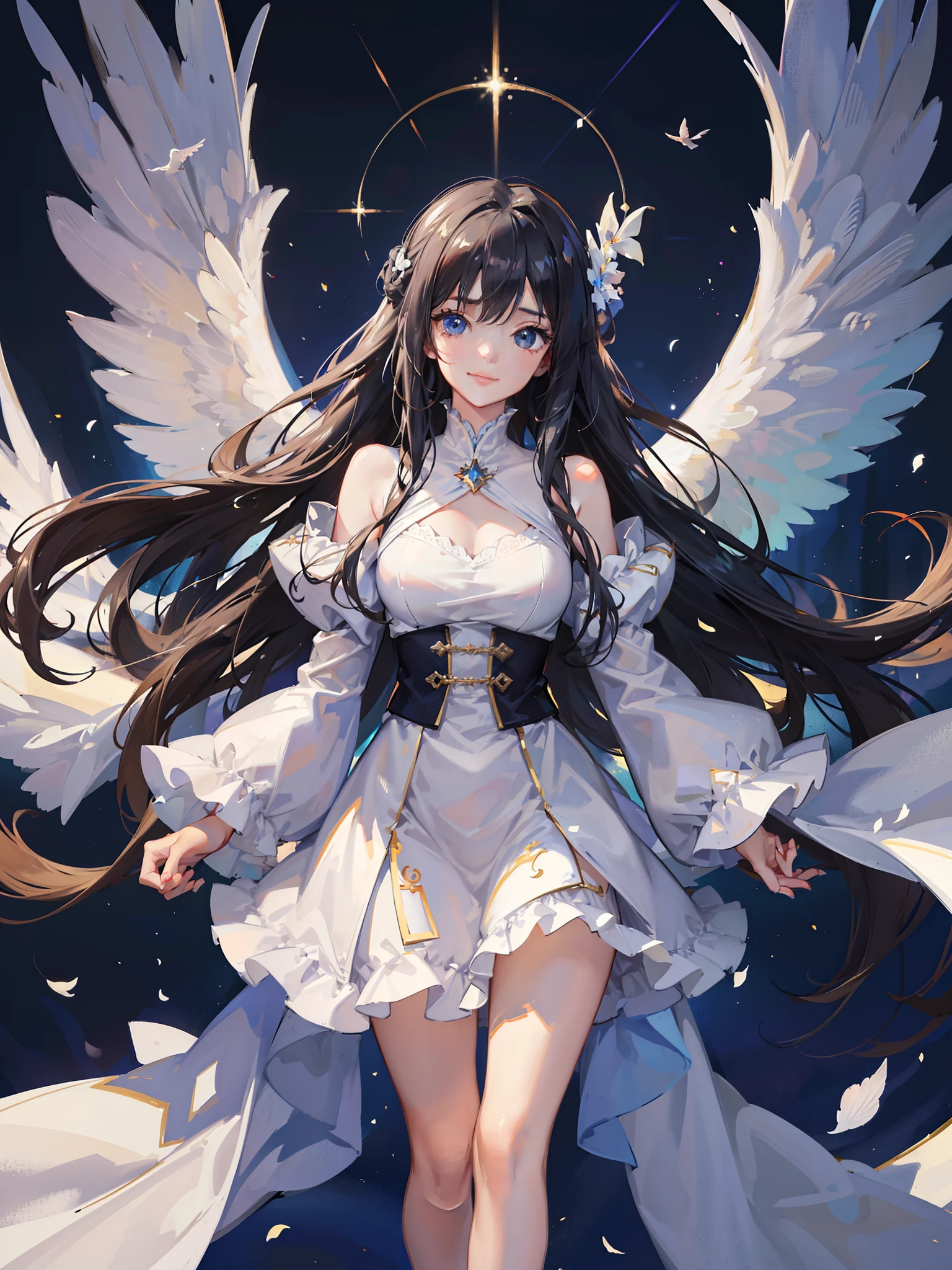 ((Masterpiece level,in a panoramic view,symetrical composition,Grand epic style,Correct limbs)),Best Picture Quality,8k ultra high definition,super detailing,Ups and downs in depth of field,At this moment, light and shadow shine together,Intoxicating delicate anime-style art,It's heartwarming,Fantastic atmosphere,One was wearing a long white dress、Girl with long flowing hair with blue eyes and white angel wings,Smile and stare ahead,The head is surrounded by a holy aura,The body seems to be suspended in the air,The tulle dress flutters in the wind,Radiant in the background,White doves soar over the palace,Blue sky with clouds floating gently,Create the ultimate in light and shadow effects。