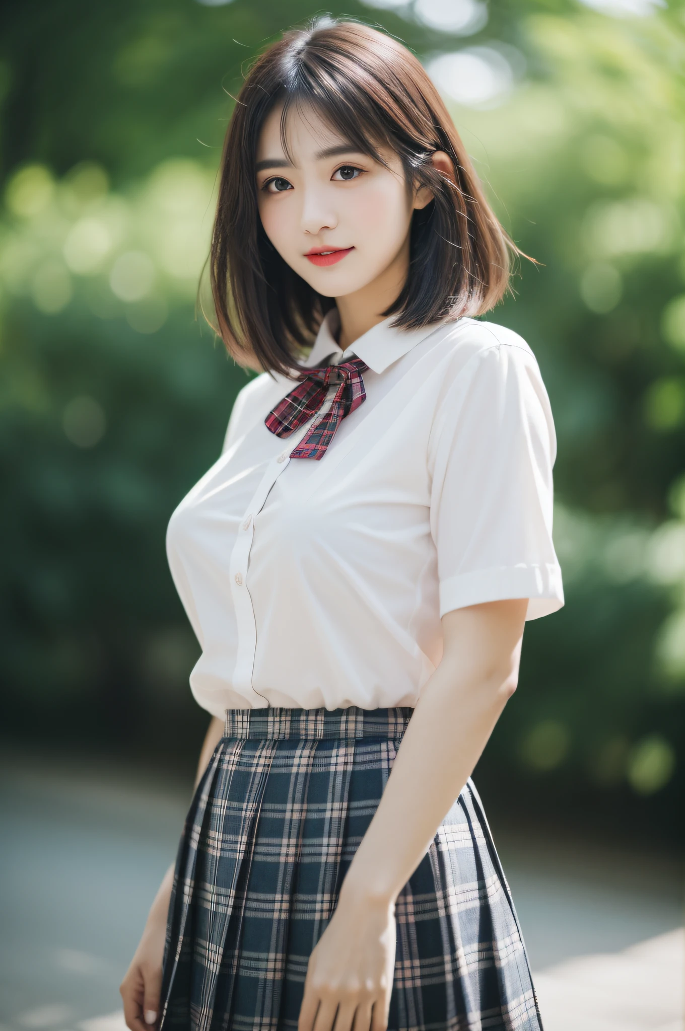 masterpiece,highest quality,official art,Highly detailed CG Unity 8K wallpaper,high school girl,very delicate and beautiful,超High resolution,(realistic:1.4),golden hour lighting,(Full body Esbian),In the classroom,(Platinum Short Hair:0.8),(cute eyes),looking at the viewer,facing the front, 笑face,JK skirt(Plaid),petite bust,high school uniform,tie, masterpiece, highest quality, Raw photo, realistic, face, incredibly irrational solution, written boundary depth, High resolution, Super detailed, small details, very detailed, 非常に詳細な目とface, sharp pupils, realisticな生徒, fix sharp focus, cinematic lighting, idol style、very cute:1.2、black haired、bangs、