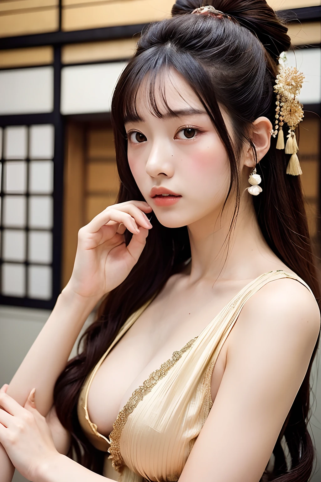 (extra detailed body、extra detailed face、best qualtiy:1.2)、femele、looking at the viewers、(japanes、Courtesan )、(Confusion in Yoshiwara in the background:1.4)