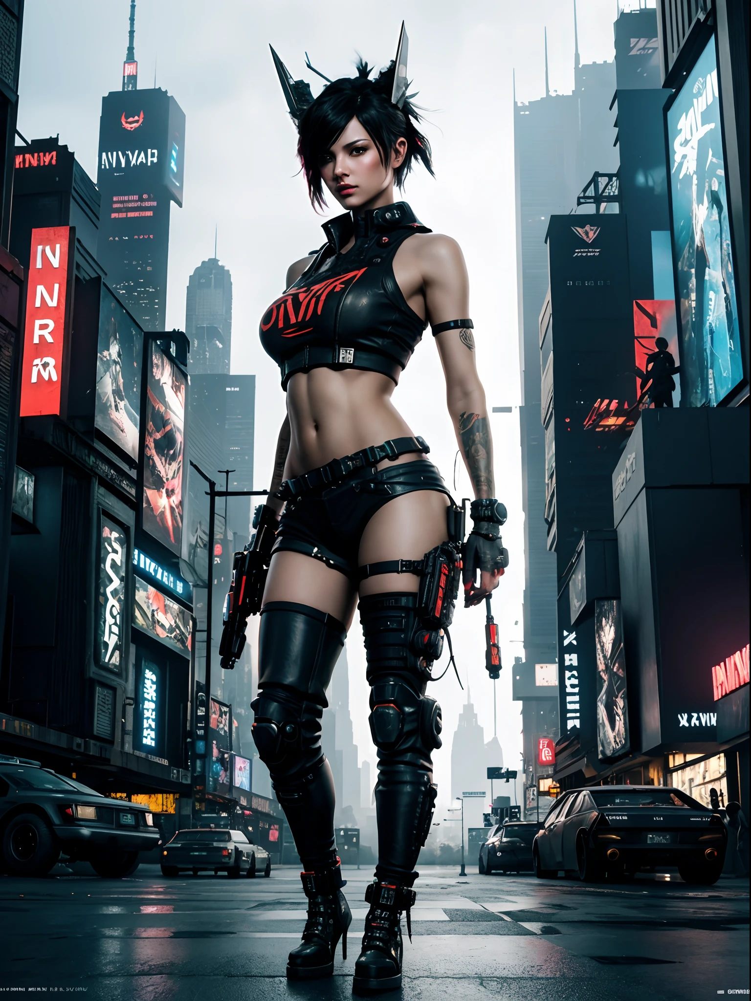 "Highly detailed 4k cyberpunk city skyline in the stylistic fusion of snthwve and nvinkpunk, inspired by the artistic brilliance of Jeremy Mann, Sandra Chevrier, Dave McKean, Richard Avedon, and Maciej Kuciara. Embrace the rebellious essence of punk rock and the gritty charm of Tank Girl. Explore the mesmerizing blend of neon lights, futuristic architecture, and technological marvels. Experience the visual extravaganza with RTX-powered graphics."