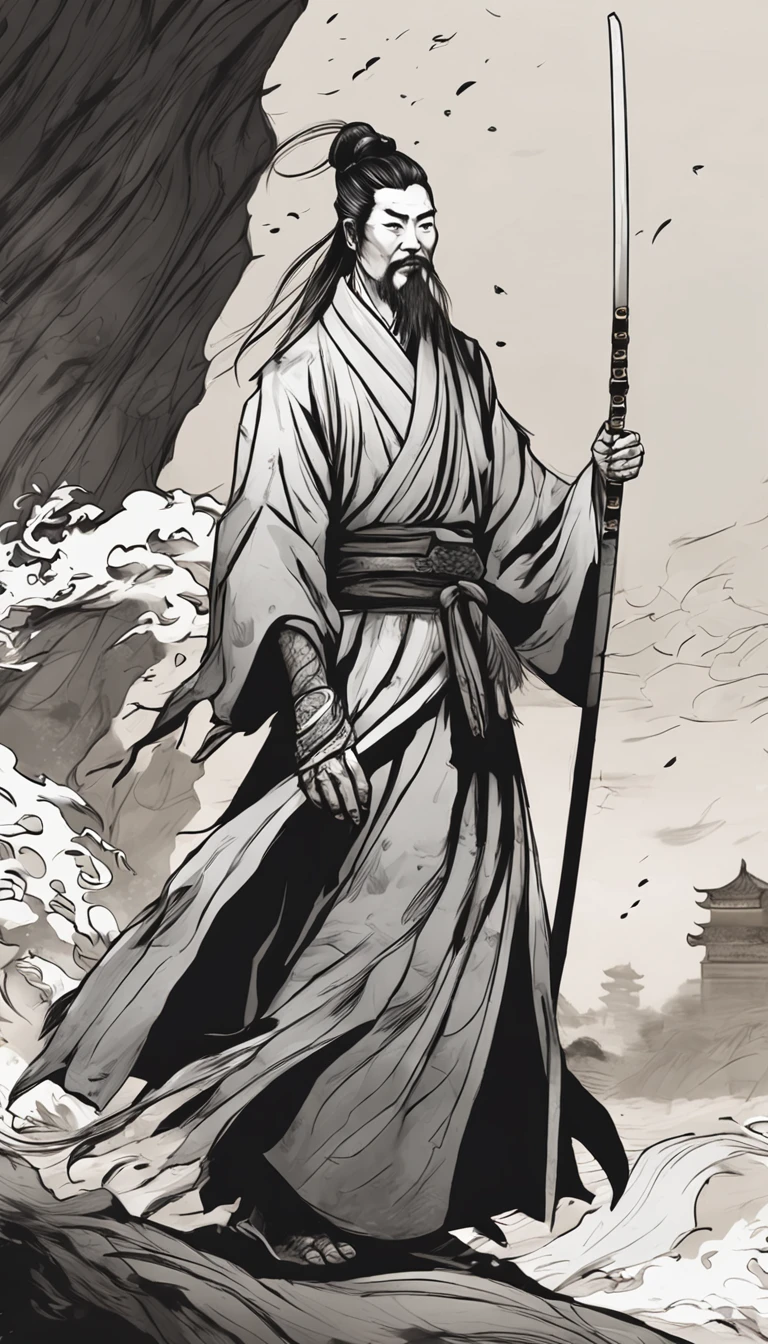 Chinese ink style，ink，Smudge，Young Taoist，One hand holds a sword behind him，Sword Tip asked。，Cultivate into an immortal，Fairy Wind Bone Road，Tai Chi totem background，long and flowing hair，Wide robe，8K，Ultra-fine --niji 5