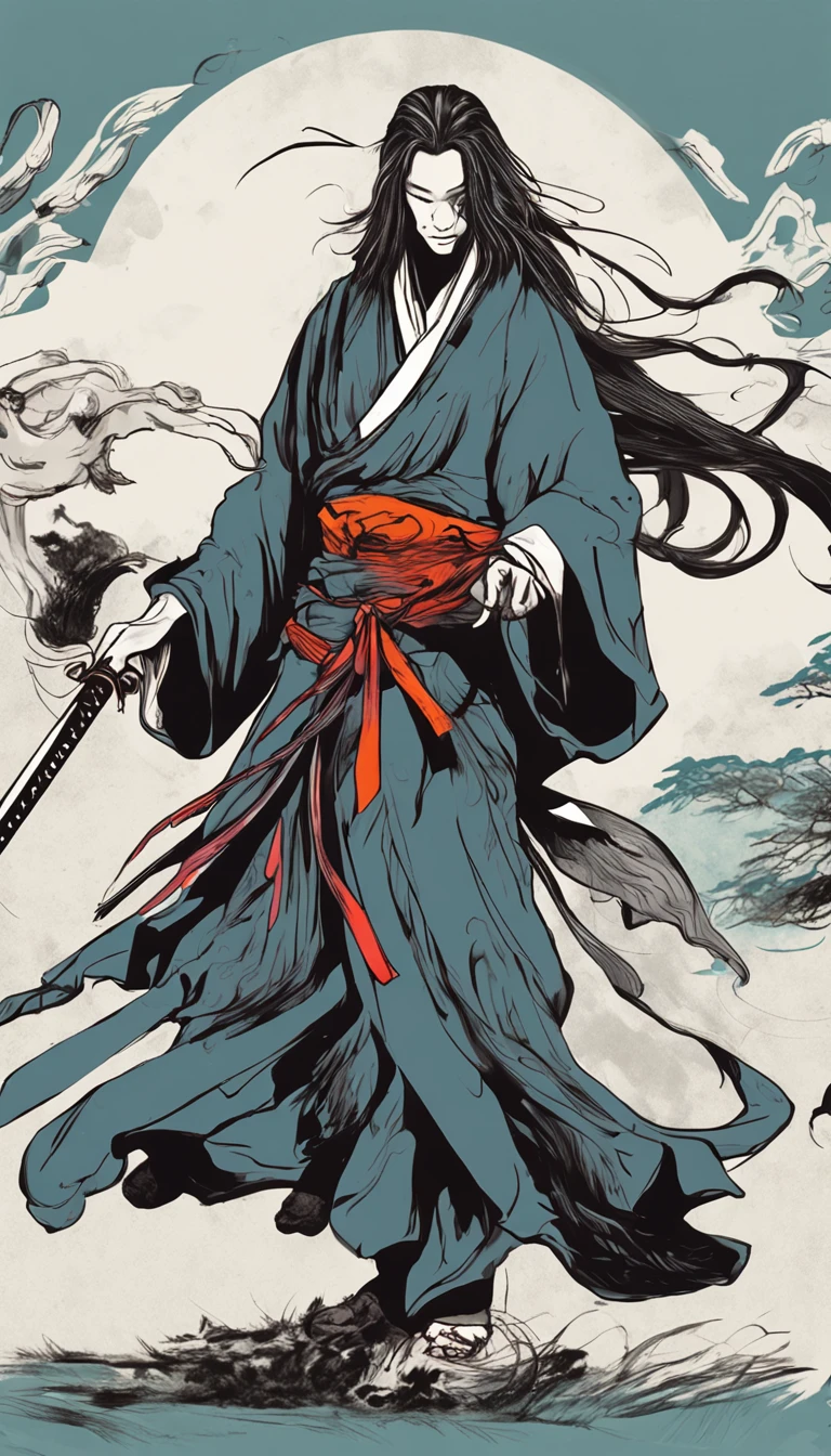 Chinese ink style,ink,Smudge,Young Taoist,One hand holds a sword behind him,Sword Tip asked。,Cultivate into an immortal,Fairy Wind Bone Road,Tai Chi totem background,long and flowing hair,Wide robe,8K,Ultra-fine --niji 5