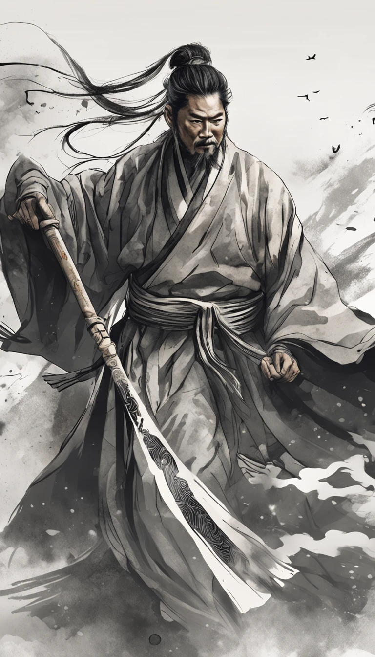 Chinese ink style,ink,Smudge,Young Taoist,One hand holds a sword behind him,Sword Tip asked。,Cultivate into an immortal,Fairy Wind Bone Road,Tai Chi totem background,long and flowing hair,Wide robe,8K,Ultra-fine --niji 5