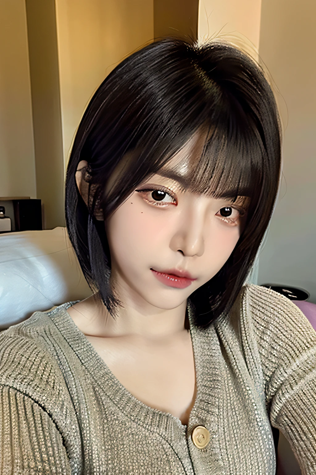 Short hair, wolf tail, black hair, straight hair, single eyelid, face slimming, small eyes