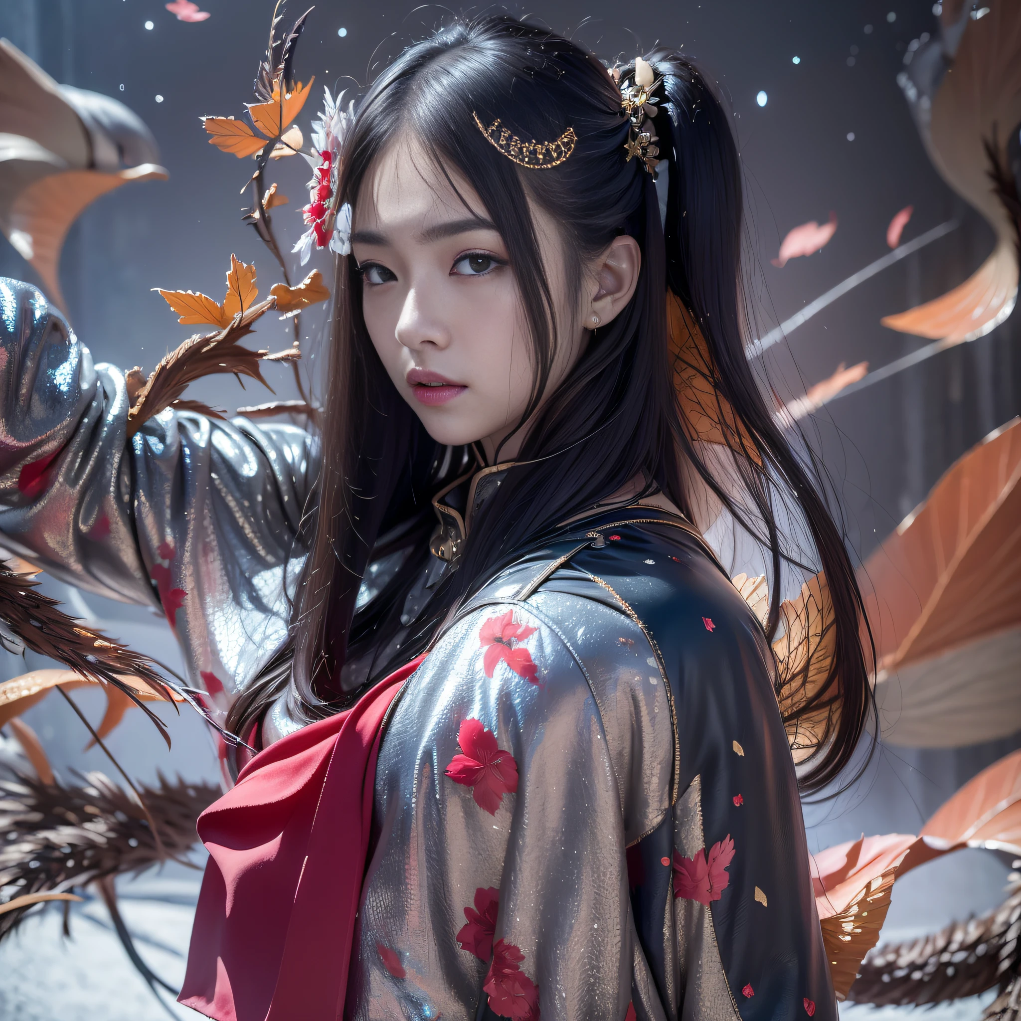 32K（tmasterpiece，k hd，hyper HD，32K）Long flowing black hair，ponds，zydink， a color，  Xuzhou people （Seduce girls）， （Red scarf in the snow）， Combat posture， looking at the ground， long whitr hair， Floating hair， Carp pattern headdress， Chinese long-sleeved silver cheongsam， （Abstract gouache splash：1.2）， Pink petal background，Forget the flowers flying（realisticlying：1.4），Black color hair，Fallen leaves flutter，The background is pure， A high resolution， the detail， RAW photogr， Sharp Re， Nikon D850 Film Stock Photo by Jefferies Lee 4 Kodak Portra 400 Camera F1.6 shots, Rich colors, ultra-realistic vivid textures, Dramatic lighting, Unreal Engine Art Station Trend, cinestir 800，Long flowing black hair，see-through transparent clothes