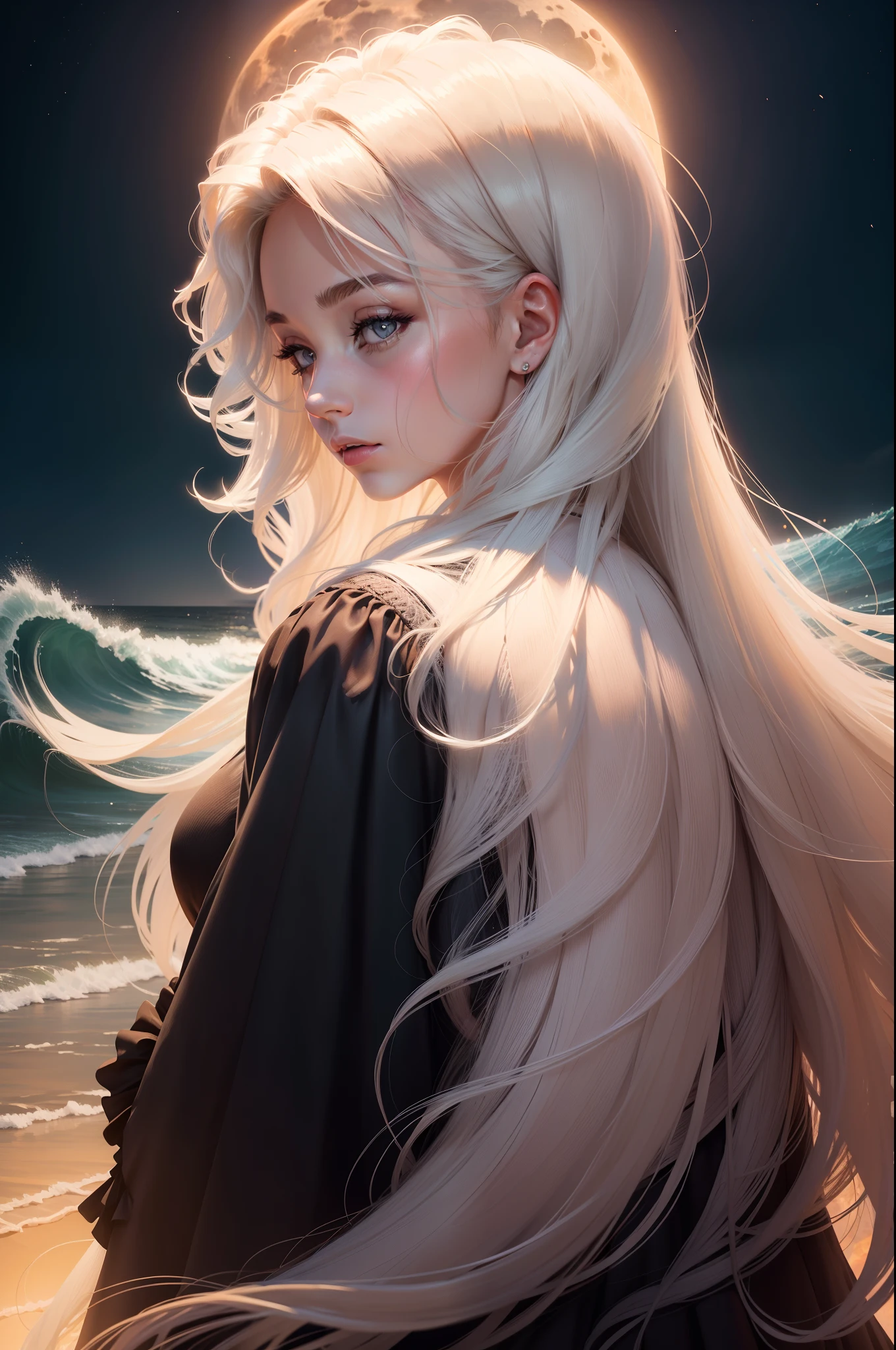 A Proverbs 31 woman, her face illuminated by the light of a full moon, her hair cascading down her back in waves.