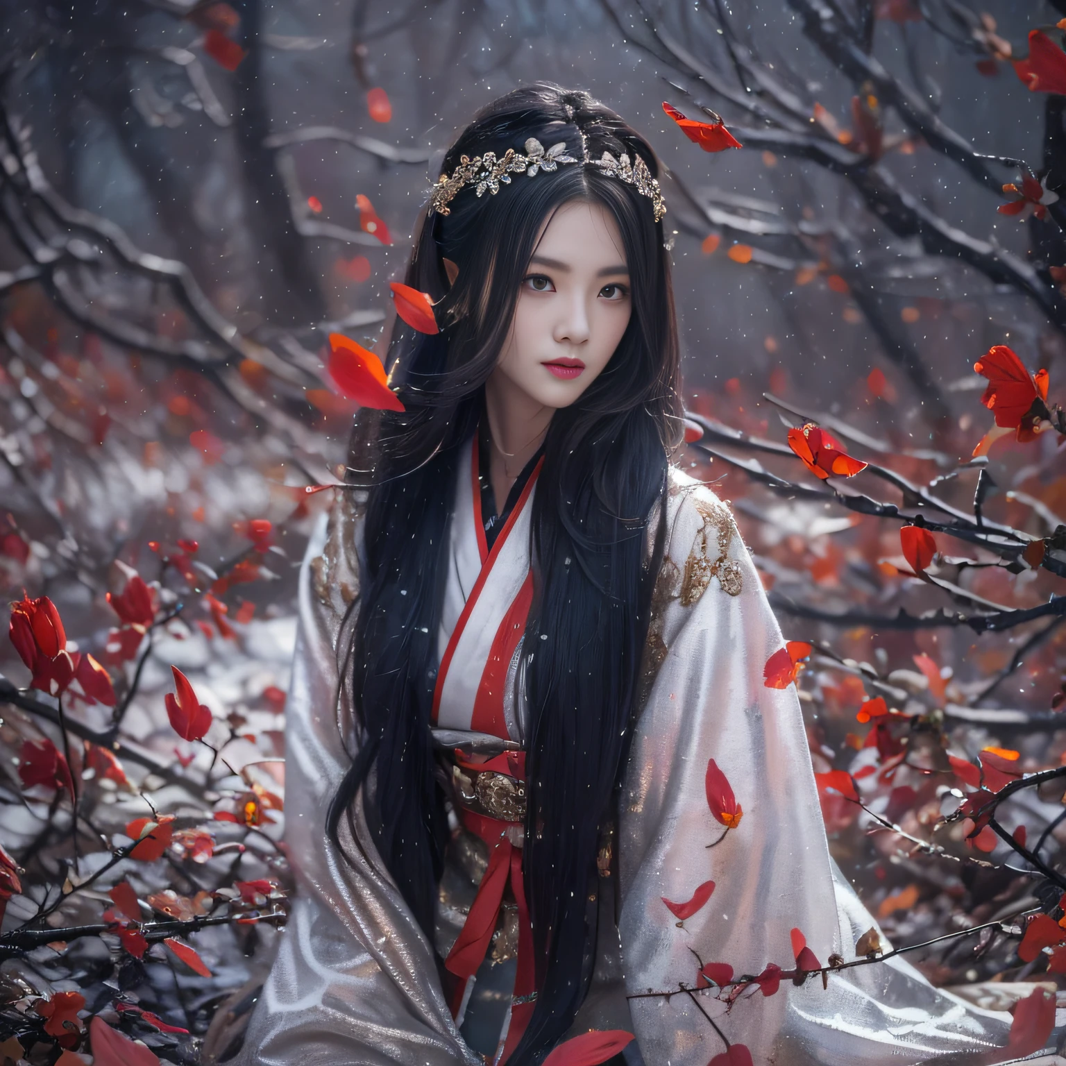 32K（tmasterpiece，k hd，hyper HD，32K）Long flowing black hair，ponds，zydink， a color，  Xuzhou people （Seduce girls）， （Red scarf in the snow）， Jump up stance， looking at the ground， long whitr hair， Floating hair， Carp pattern headdress， Chinese long-sleeved silver battle robe， （Abstract gouache splash：1.2）， Pink petal background，Tulips flying（realisticlying：1.4），Black color hair，Fallen leaves flutter，The background is pure， A high resolution， the detail， RAW photogr， Sharp Re， Nikon D850 Film Stock Photo by Jefferies Lee 4 Kodak Portra 400 Camera F1.6 shots, Rich colors, ultra-realistic vivid textures, Dramatic lighting, Unreal Engine Art Station Trend, cinestir 800，Long flowing black hair，Transparent battle robe clothes