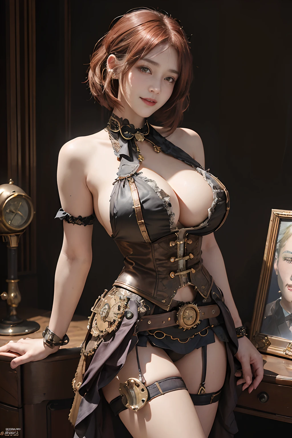 (Front Focus),Surrealist portraits of women by David Hockney and Alphonse Mucha,((ultra gigantic tits))、((Upper body naked))、Steampunk world、Steampunk bed、a bed、((steampunc))、((Red-haired)short-hair)、Red-haired、( Exposed)、(((A smile)))、((Wearing sexy skirts and steampunk clothes))、Fantasyart,(((Gold Shorthair)))、(((Steampunk Skirt Costume)))、wearing steampunk attire、((Steampunk clothes with few sexy fabrics))、photographrealistic,动态照明,art stations,poster for,Volumetriclighting,extra detailed face,4 k'',((Colossal tits))、Beautifully embroidered sexy steampunk clothes,With diamonds,Sexy thighs,Decorated with fine steampunk costumes and fine jewelry,exposing the abdomen ,Chest 1 Girl, In the Dark, deepshadow, low tune, Cowboy Shot,(official clothing:1.4), The eyes are confused and seductive,legs separated