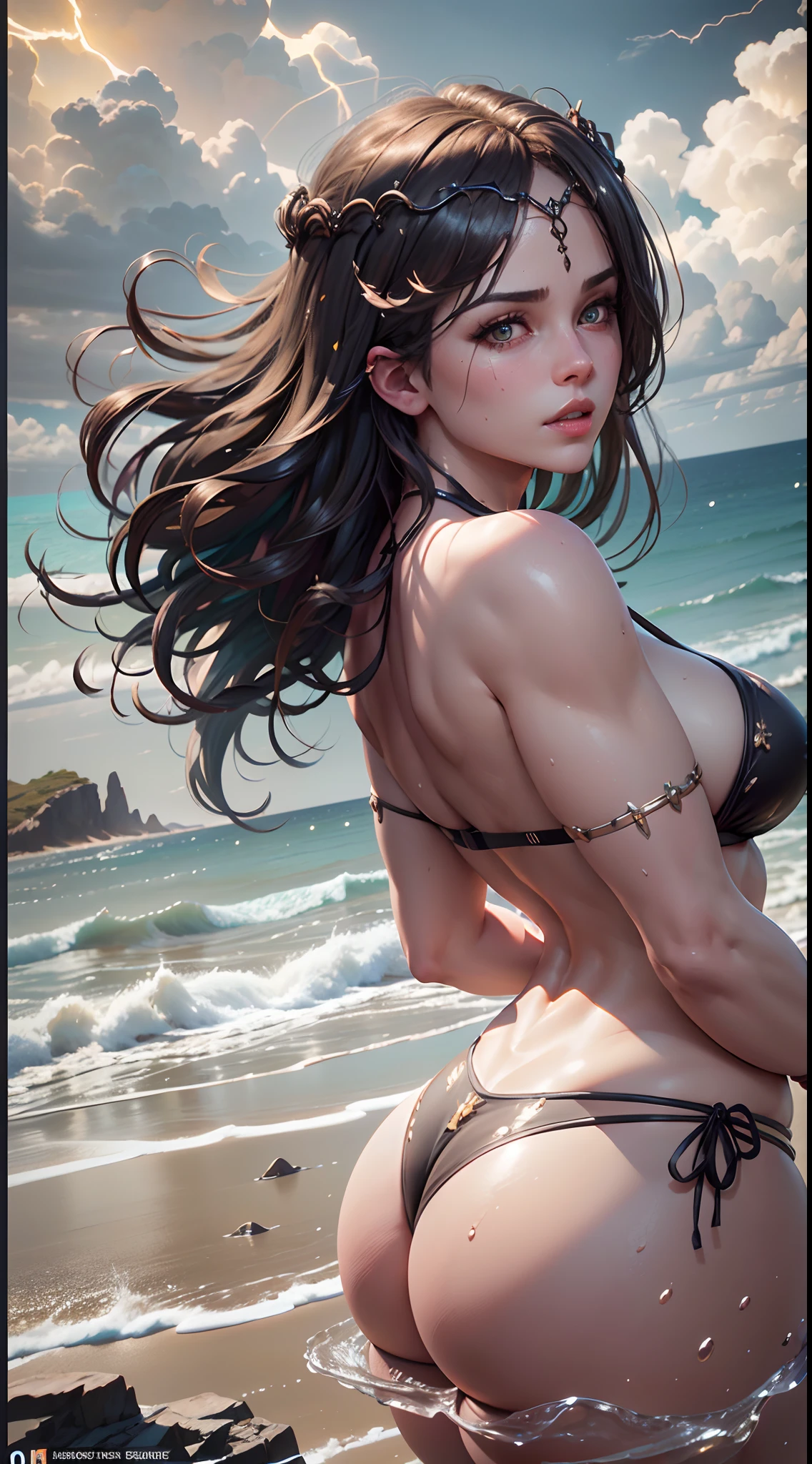 (masterpiece, vibrant beach scene:1.2), (Marika from elden ring:1.5) , (enjoying a sunny day:1.1), (wearing a black skimpy thong bikini:1.4), (well-endowed bust and curvaceous derriere:1.4) , (proportional body despite her short height:1.1), (photograph taken from behind to highlight her glutes:1.5) , (slowly turning to gaze at the camera:1.2), (playful expression:1.1), (capturing her beauty and confidence:1.1), (seaside ambiance:1.1), (refreshing ocean waves:1.1) Hyper-detailed, insane details, Beautifully color graded, Unreal Engine, DOF, Super-Resolution,Megapixel, Cinematic Lightning, Anti-Aliasing, FKAA, TXAA, RTX,SSAO,Post Processing, Post Production, Tone Mapping, CGI, VFX, SFX, Insanely detailed and intricate , Hyper maximalist, Hyper realistic, Volumetric, Photorealistic, ultra photoreal, ultra- detailed, intricate details,8K, Super detailed , Full color, Volumetric lightning, HDR, Realistic, Unreal Engine, 16K, Sharp focus. Octane render