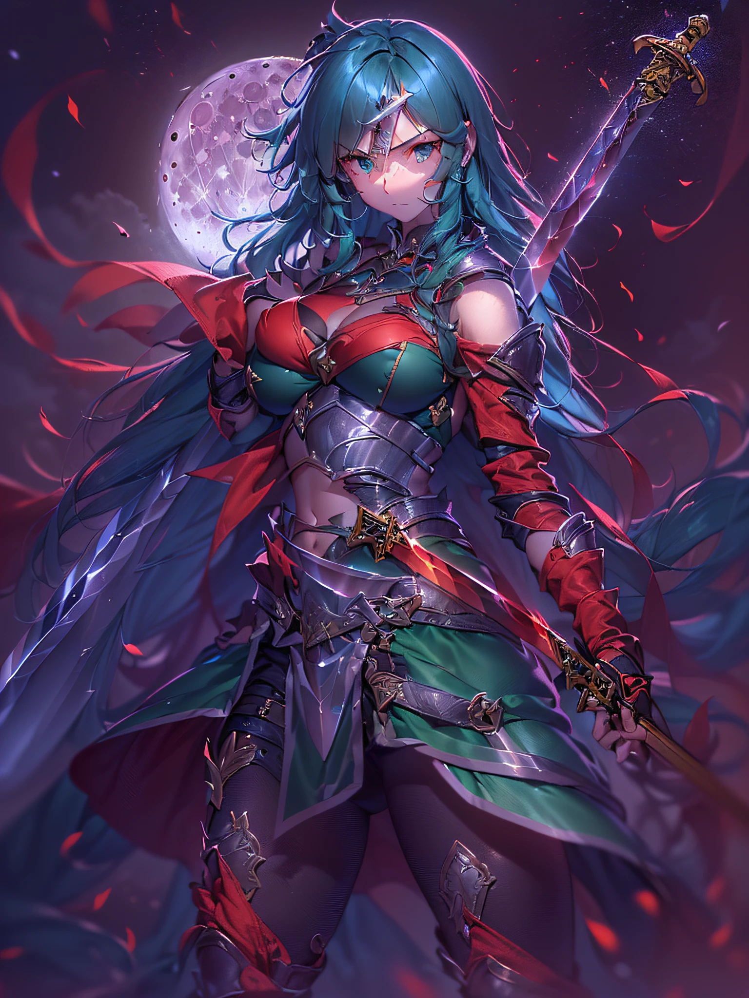 (a closeup:1.6), (Chiaroscuro:1.2), (Looking at the camera), (Beautiful definition girl:1.2), (Holding the grip of a shining red longsword in your hand:1.4), (Petite girl:1.4), (Fine Eye), (is standing), (glares:1.2), (off shoulders:1.2), (Red knee pads:1.2), (Wavy Hair:1.4), (Very long emerald green hair:1.5), (Sharp Blue Bang Brace:1.4), (Black Gauntlet:1.4), (Stylish breastplate in blue:1.4), (Red Waterfall of Steel 1.4), (cleavage of the breast), (Medium chest:1.2), (The navel is visible:1.4), (Big full moon and dark night:1.4), (circlet:1.2), (nffsw:1.2), (masutepiece:1.2), (ccurate:1.2), Textured skin, (high details):1.2, (Super Detail 1.2), (Best Quality 1.2), (16 K:1.2), (Hold your sword forward:1.4),