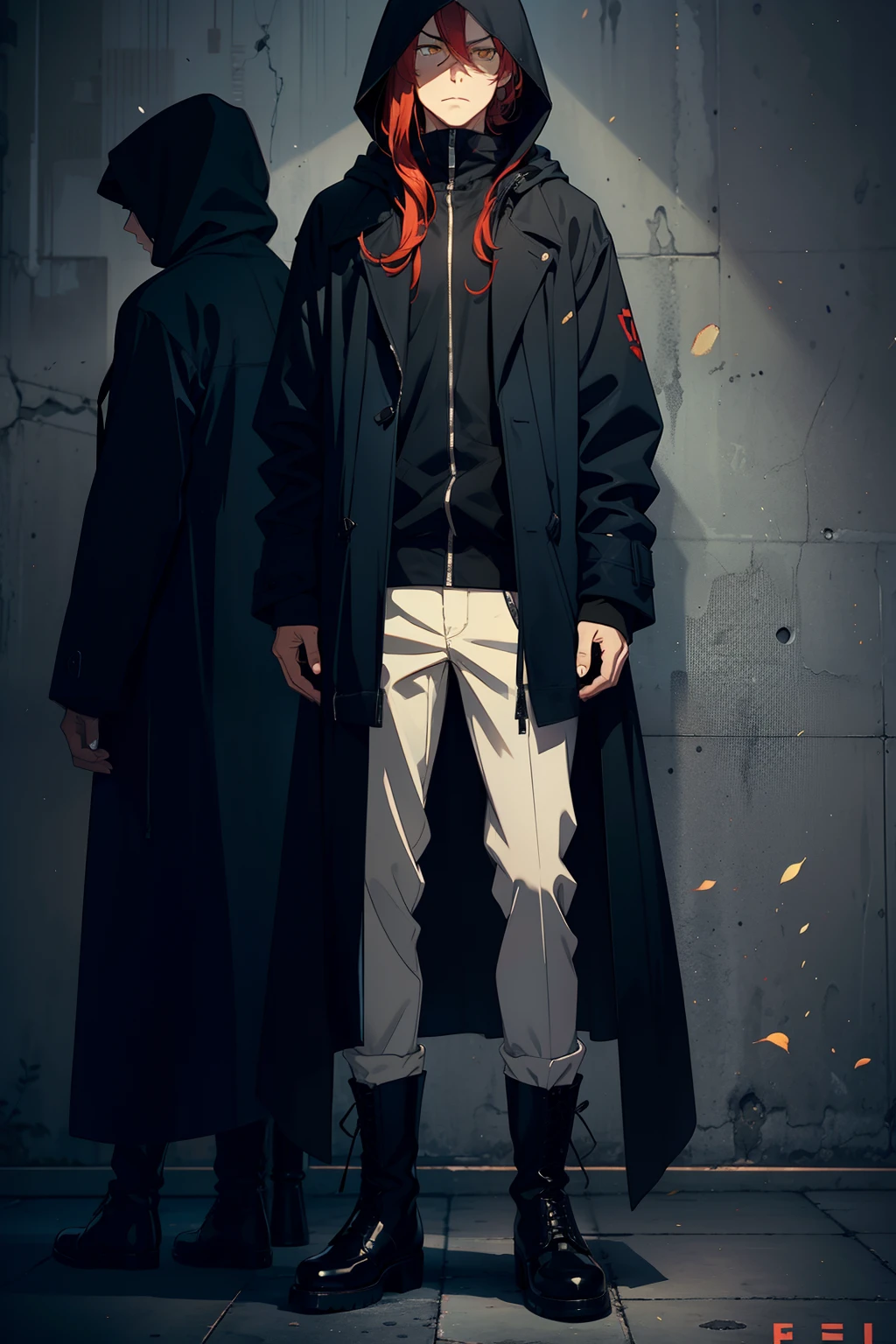 Male character, Yellow eyes: 2:4 , Red hair, hair slightly covering eyes, large black hood covering face, overcoat closed, expressionless appearance, black boots, in sad mood