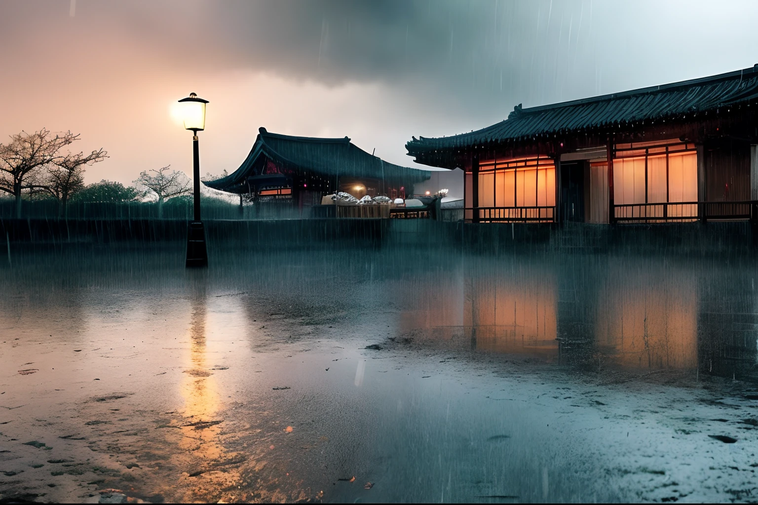 arafed view of a village with a lot of lights on the buildings, dreamy chinese town, chinese village, amazing wallpaper, japanese town, japanese village, hyper realistic photo of a town, old asian village, japanese city, by Raymond Han, rainy evening, cyberpunk chinese ancient castle, beautifully lit buildings, at evening during rain, beautiful and aesthetic, photography, cinematic, 8k, high detailed ((Heavy rain)))