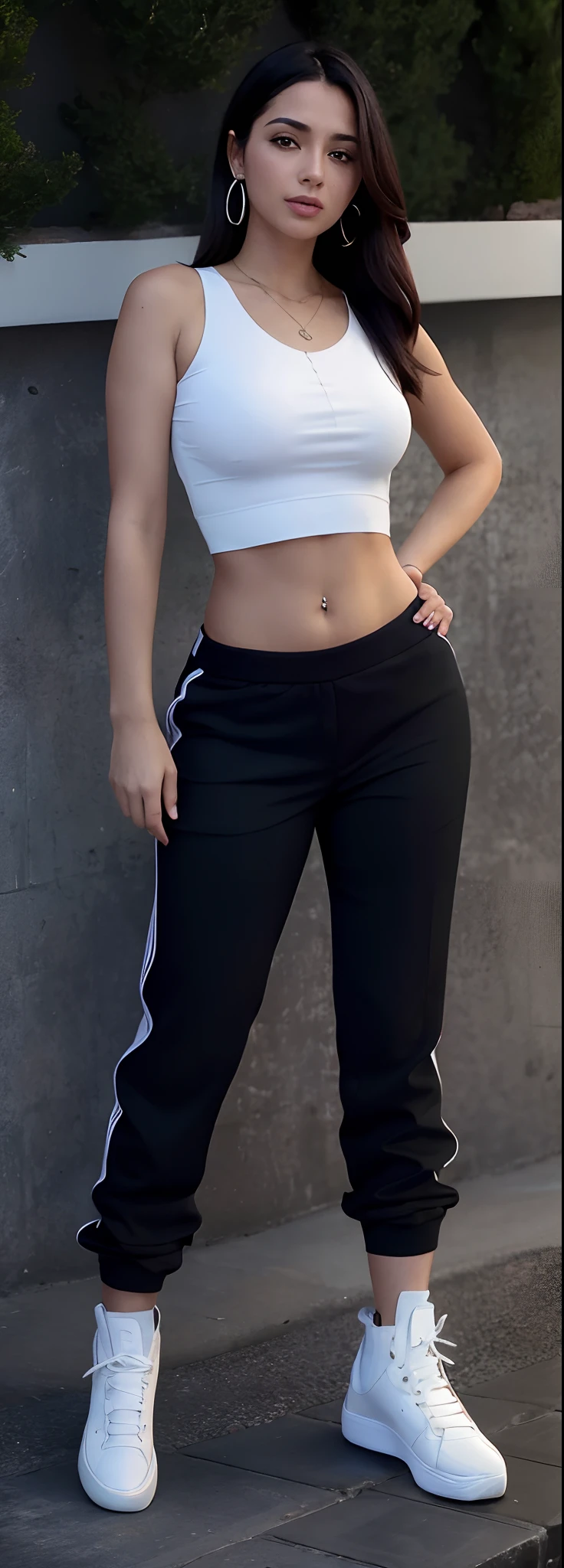 Beautiful Latina woman araffed in white top and black pants standing on a brick sidewalk, foto fit, imagem de corpo inteiro, tinyest midriff ever, midriff exposto, recorte de meio corpo, her navel is exposed, physical : tinyest midriff ever, Bonito midriff, corpo inteiro!!!!!!, cintura fina, corpo inteiro;