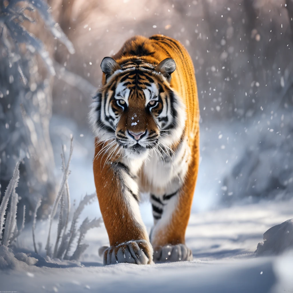 (Masterpiece, CGI, High resolution, Photo-realistic:1.3), A majestic tiger walking through a snowy landscape, snowflakes gently falling around it, (thick white fur with black stripes:1.2), piercing (amber eyes:1.2) fixed directly on the camera, (steaming breath:1.1) in the chilly air, (determined expression:1.1), powerful paws leaving deep imprints in the snow, (glistening ice crystals:1.2) on its whiskers, (intense gaze:1.2), vibrant orange fur against the snowy backdrop, (frozen trees:1.1) in the background, (subtle sunlight peeking through clouds:1.2), (dynamic angle:1.1), (tense and serene atmosphere:1.2), (captivating snowfall effect:1.1), creating a stunning winter scene.