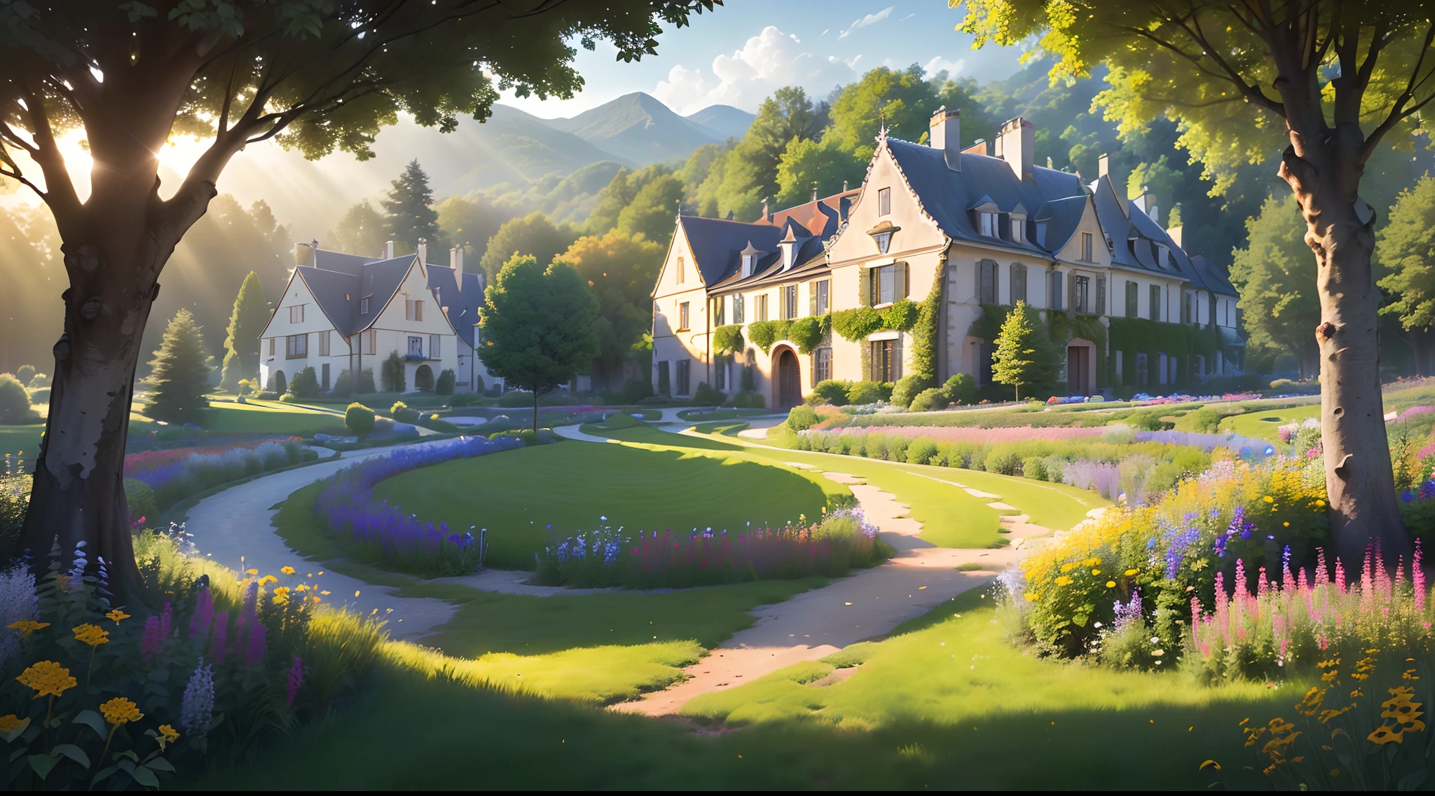 ((Ultra-clear detailed,tmasterpiece,4k)),(((european town,Villa garden))),(Quiet woods,Meadows and wildflowers),(light wind,rays of sunshine,in the early morning),Fresh warm tones,(wide angles,bird's eyes view)