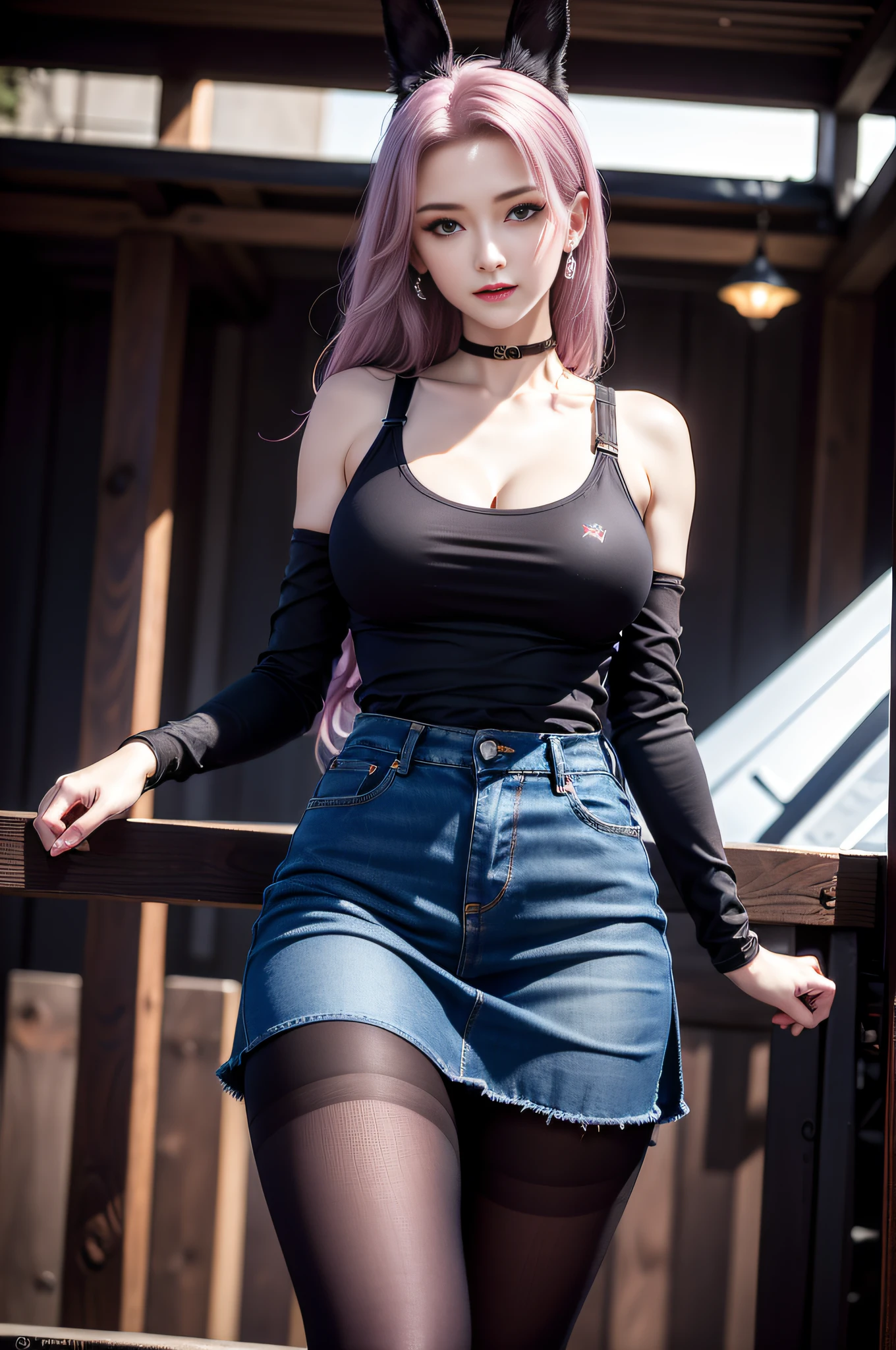 ((masterpiece, the best，Vision，重点Full body shot from head to toe)), （（Wearing an artistic hat，Wearing a black high-necked tight long dress with a train，Black platform high heels））(1個极其高大强壮丰满sexy的女孩), (mature woman), Extremely exaggerated and tall figure，Muscular limbs，light pink hair,super long hair， trumpet, (Astonishing)Extremely exaggerated huge breasts, Big abdominal muscles，Large wide crotch，Extremely exaggerated huge buttocks, Smile, [Oversized wide hips], night view，rooftop，Incredibly exaggerated and thick long legs，极其Astonishing大粗腿，Super long big thick legs，  (Heavy body), 8K quality, sexy, (Black high collar tight long train skirt，top hat，Black platform high heels，Full body shot from head to toe。)