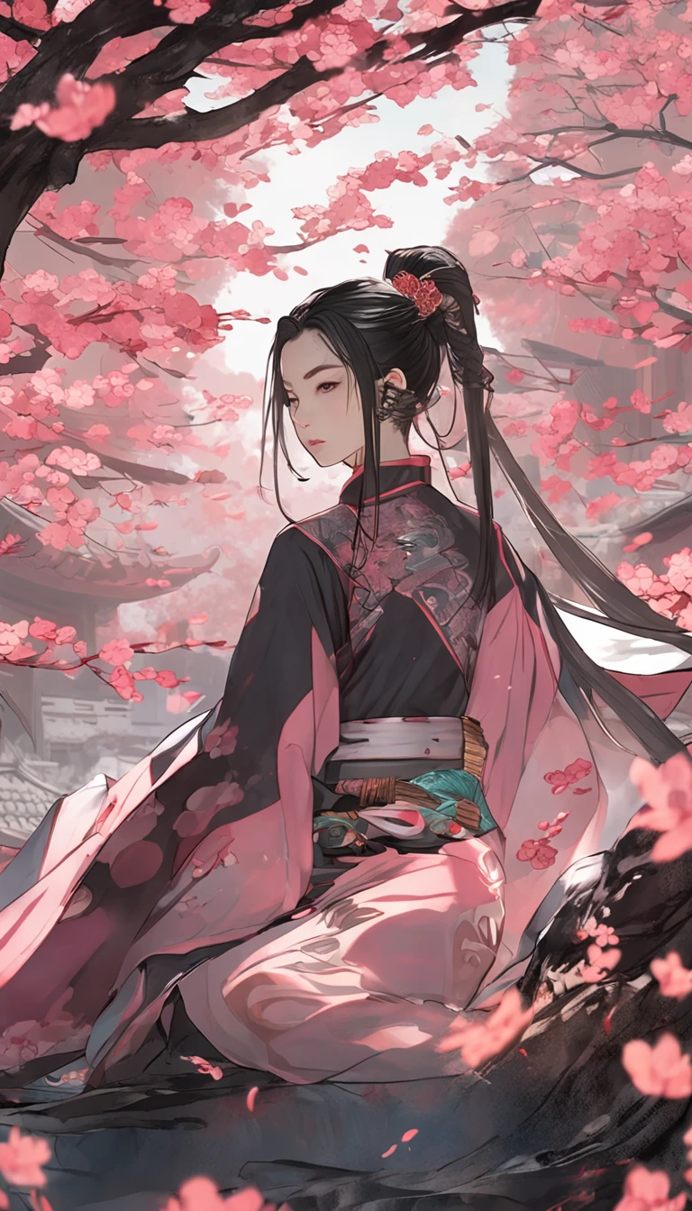 Danfeng Eyes，bushido，The upper part of the body，Black coiled hair，Simple hairpins，Cold eyes，solo person，orthofacial，frontage，Peach blossom background，Highly saturated colors，Hyper Real，8K high-definition，holding a longsword，Absolutely beautiful，high light，Colorful --niji 5