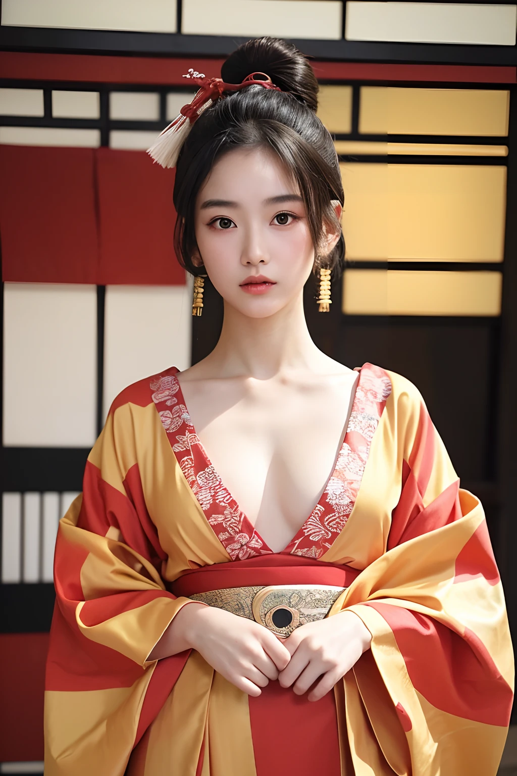 (extra detailed body、extra detailed face、best qualtiy:1.2)、femele、looking at the viewers、(japanes、Courtesan 18 years old.kimono)、(Confusion in Yoshiwara in the background:1.4)